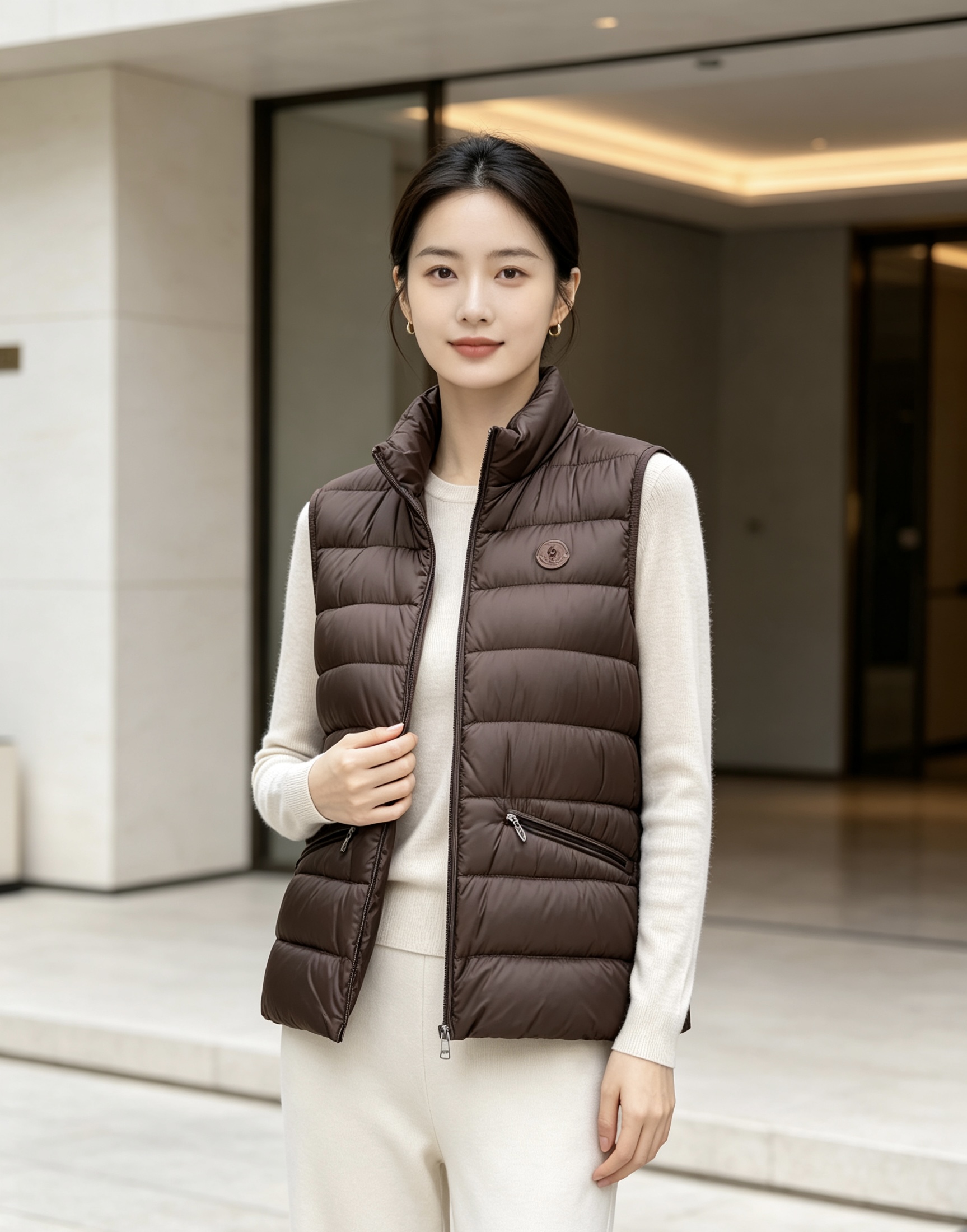 Moncler 蒙口 2026秋冬立领轻薄羽绒马甲,米白/棕/藏蓝三色 男女同款。 横格分仓充绒,轻便不跑绒;胸口经典圆 Moncler 蒙口 2026秋冬立领轻薄羽绒马甲,米白/棕/藏蓝三色 男女同款。 横格分仓充绒,轻便不跑绒;胸口经典圆