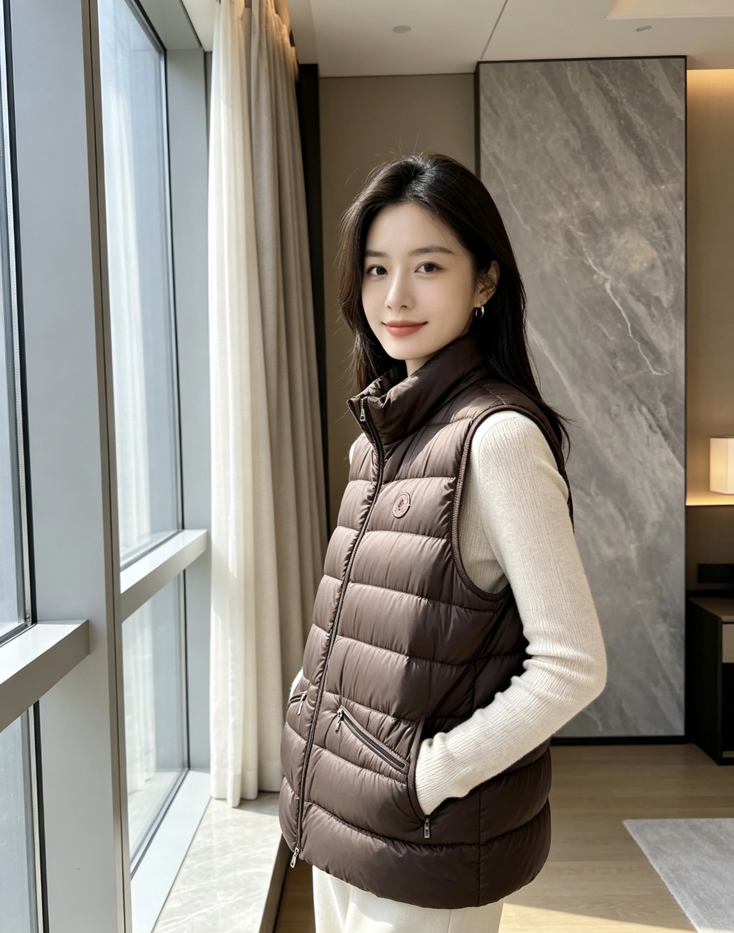 Moncler 蒙口 2026秋冬立领轻薄羽绒马甲,米白/棕/藏蓝三色 男女同款。 横格分仓充绒,轻便不跑绒;胸口经典圆 Moncler 蒙口 2026秋冬立领轻薄羽绒马甲,米白/棕/藏蓝三色 男女同款。 横格分仓充绒,轻便不跑绒;胸口经典圆
