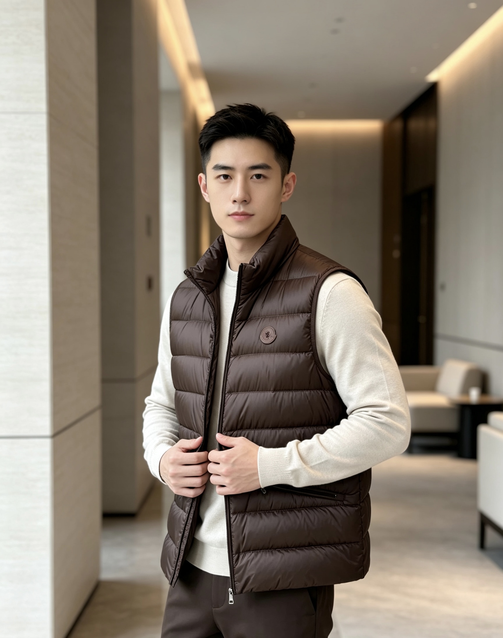 Moncler 蒙口 2026秋冬立领轻薄羽绒马甲,米白/棕/藏蓝三色 男女同款。 横格分仓充绒,轻便不跑绒;胸口经典圆 Moncler 蒙口 2026秋冬立领轻薄羽绒马甲,米白/棕/藏蓝三色 男女同款。 横格分仓充绒,轻便不跑绒;胸口经典圆