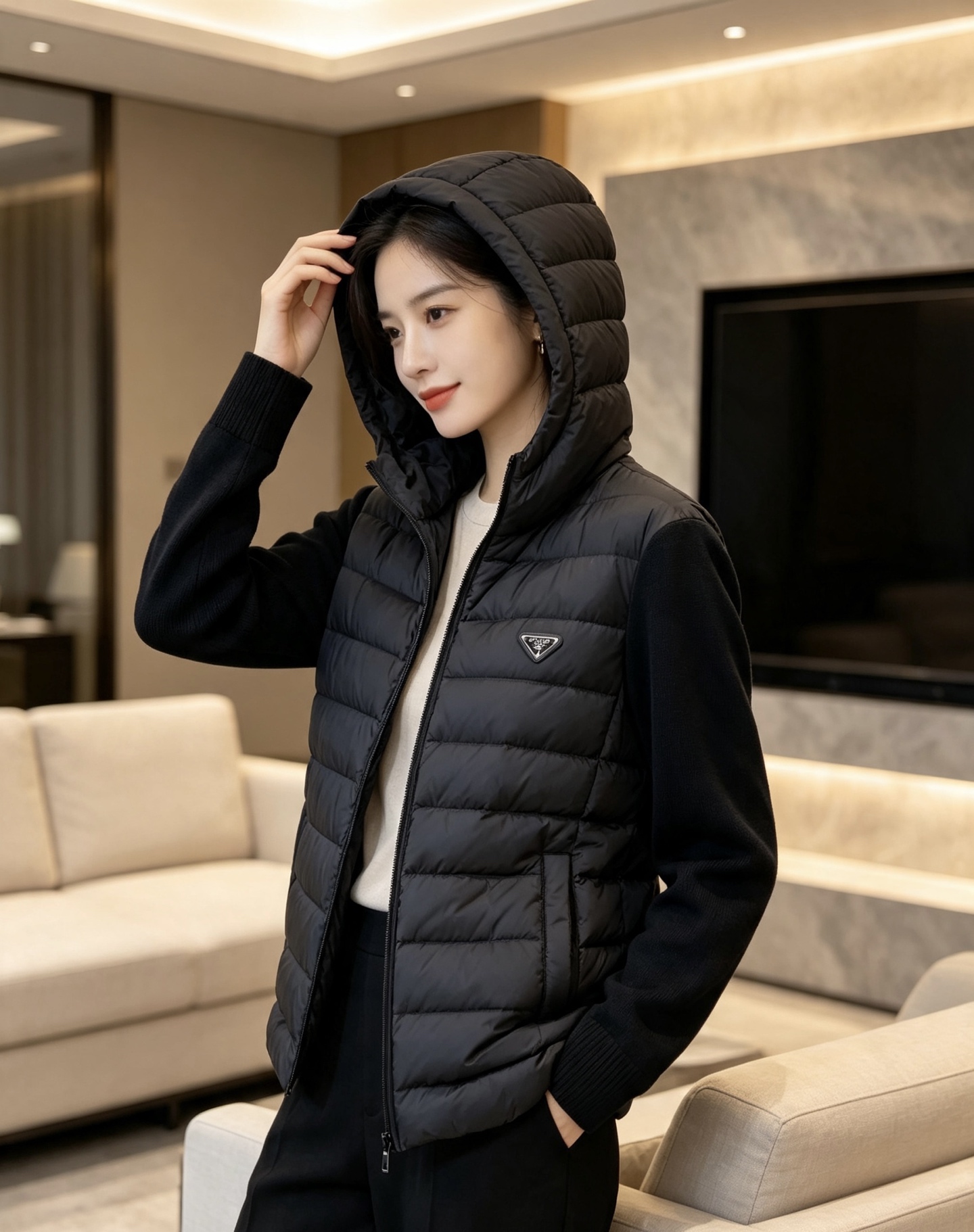 Prada 普拉达 2026秋冬新款拼接连帽轻薄羽绒服 前片竖条充棉分区锁温,侧边搭配弹力针织袖,上身完全不臃肿 胸口经 Prada 普拉达 2026秋冬新款拼接连帽轻薄羽绒服 前片竖条充棉分区锁温,侧边搭配弹力针织袖,上身完全不臃肿 胸口经