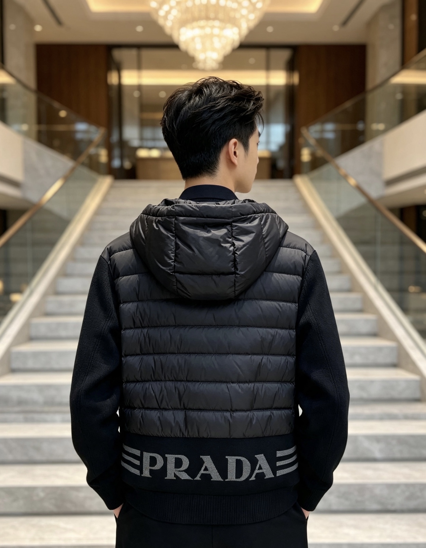 Prada 普拉达 2026秋冬新款拼接连帽轻薄羽绒服 前片竖条充棉分区锁温,侧边搭配弹力针织袖,上身完全不臃肿 胸口经 Prada 普拉达 2026秋冬新款拼接连帽轻薄羽绒服 前片竖条充棉分区锁温,侧边搭配弹力针织袖,上身完全不臃肿 胸口经