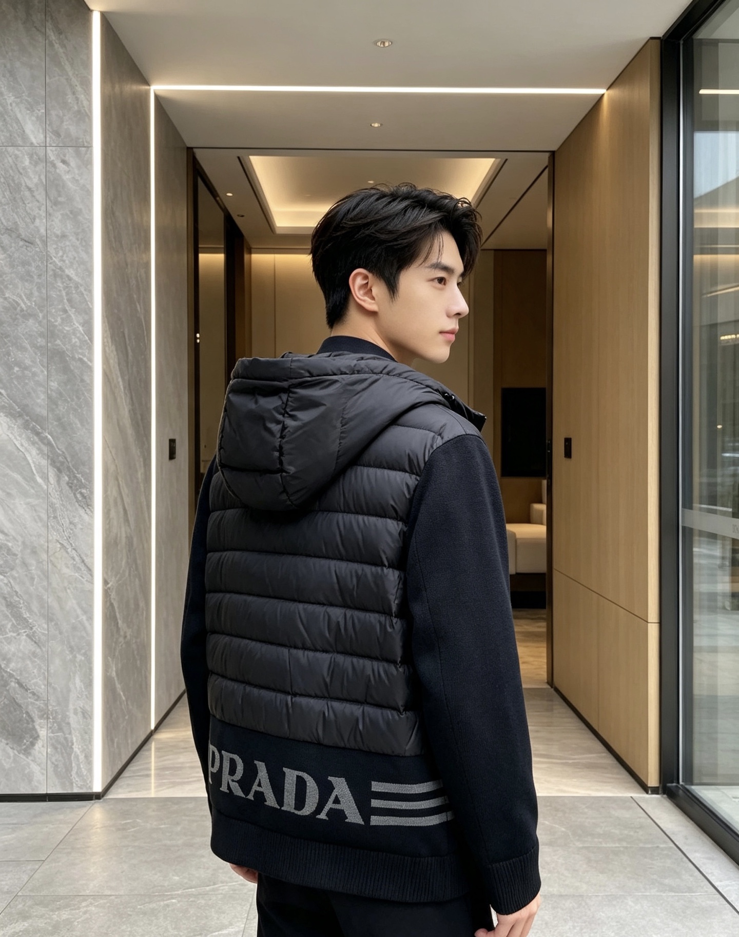 Prada 普拉达 2026秋冬新款拼接连帽轻薄羽绒服 前片竖条充棉分区锁温,侧边搭配弹力针织袖,上身完全不臃肿 胸口经 Prada 普拉达 2026秋冬新款拼接连帽轻薄羽绒服 前片竖条充棉分区锁温,侧边搭配弹力针织袖,上身完全不臃肿 胸口经
