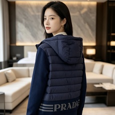 Prada 普拉达 2026秋冬新款拼接连帽轻薄羽绒服 前片竖条充棉分区锁温,侧边搭配弹力针织袖,上身完全不臃肿 胸口经 Prada 普拉达 2026秋冬新款拼接连帽轻薄羽绒服 前片竖条充棉分区锁温,侧边搭配弹力针织袖,上身完全不臃肿 胸口经