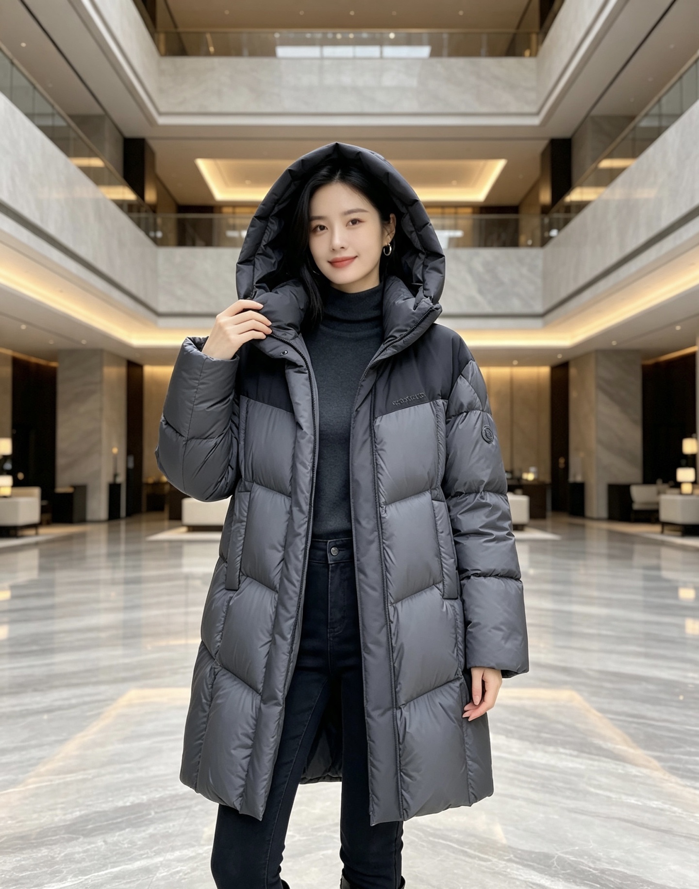 Moncler 蒙口 2026秋冬拼色连帽中长款羽绒服 黑灰撞色拼接设计,大方格分段充绒,蓬松饱满,锁绒不跑棉 立体加大 Moncler 蒙口 2026秋冬拼色连帽中长款羽绒服 黑灰撞色拼接设计,大方格分段充绒,蓬松饱满,锁绒不跑棉 立体加大