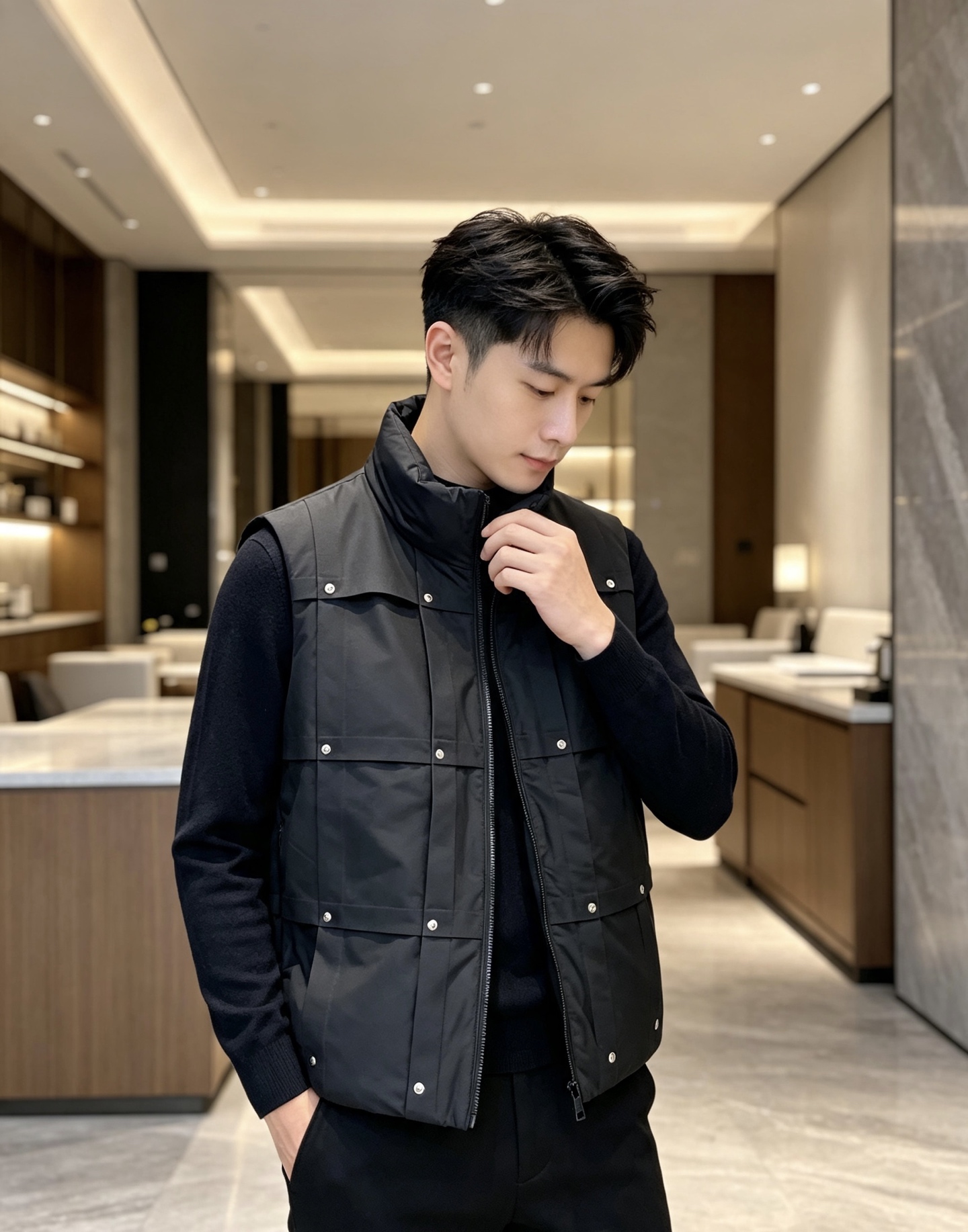 Prada 普拉达 2026秋冬新款立领羽绒马甲男士款 纯黑色高密防风面料,方格分段充绒,金属铆钉装饰分格,造型立体感十 Prada 普拉达 2026秋冬新款立领羽绒马甲男士款 纯黑色高密防风面料,方格分段充绒,金属铆钉装饰分格,造型立体感十