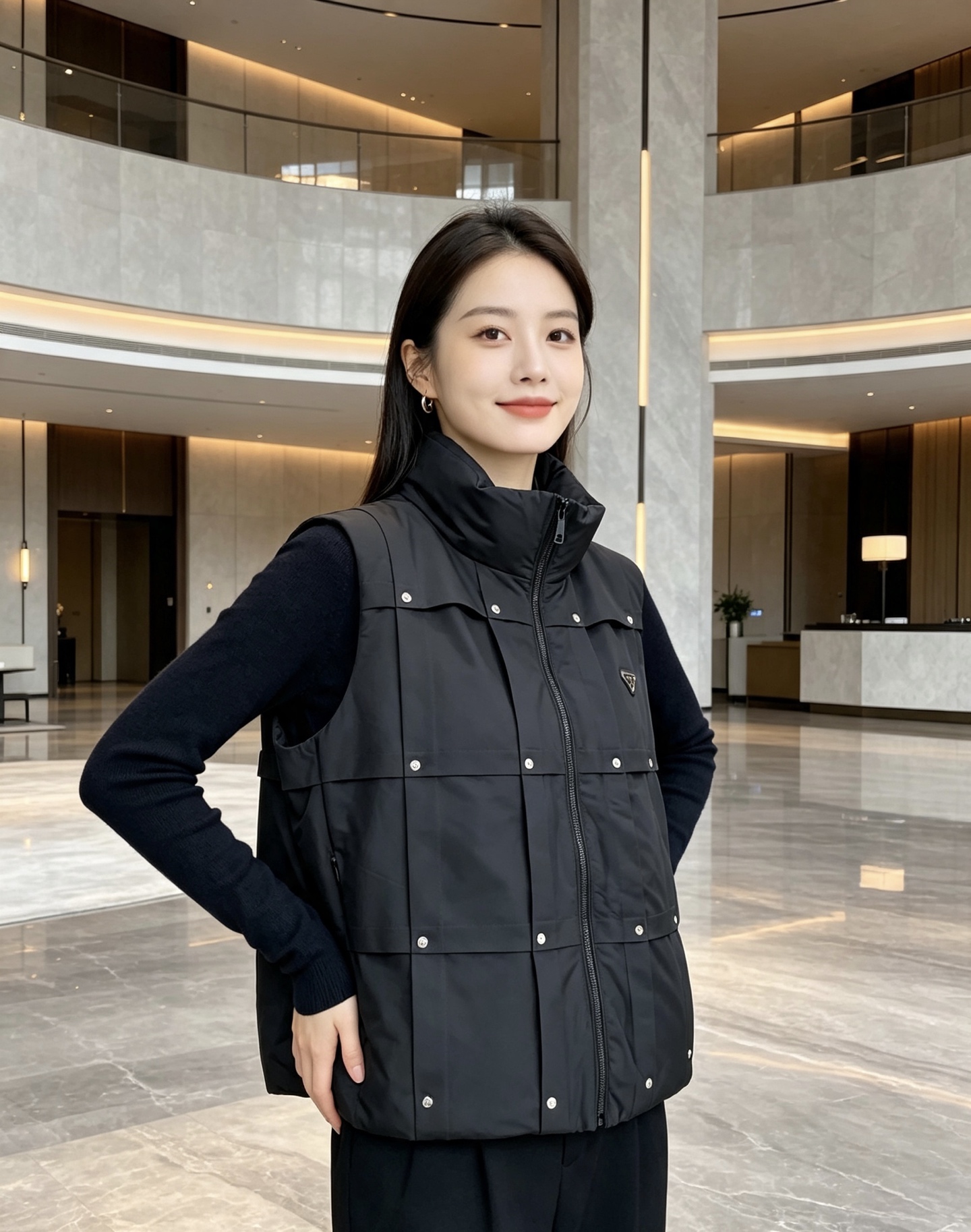 Prada 普拉达 2026秋冬新款立领羽绒马甲男士款 纯黑色高密防风面料,方格分段充绒,金属铆钉装饰分格,造型立体感十 Prada 普拉达 2026秋冬新款立领羽绒马甲男士款 纯黑色高密防风面料,方格分段充绒,金属铆钉装饰分格,造型立体感十