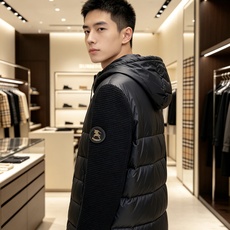Burberry 巴宝莉 2026秋冬新款针织拼接连帽羽绒服,采用90新国标白鸭绒填充,绒朵蓬松,御寒保暖。全套原版五金 Burberry 巴宝莉 2026秋冬新款针织拼接连帽羽绒服,采用90新国标白鸭绒填充,绒朵蓬松,御寒保暖。全套原版五金