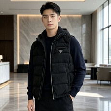 Prada 普拉达 2026秋冬新款连帽灯芯绒羽绒马甲 填充90新国标白鸭绒,蓬松饱满保暖性出众 原版定制五金辅料,三角 Prada 普拉达 2026秋冬新款连帽灯芯绒羽绒马甲 填充90新国标白鸭绒,蓬松饱满保暖性出众 原版定制五金辅料,三角