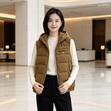 Prada 普拉达 2026秋冬新款连帽灯芯绒羽绒马甲 填充90新国标白鸭绒,蓬松饱满保暖性出众 原版定制五金辅料,三角 Prada 普拉达 2026秋冬新款连帽灯芯绒羽绒马甲 填充90新国标白鸭绒,蓬松饱满保暖性出众 原版定制五金辅料,三角