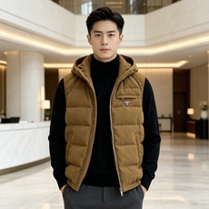 Prada 普拉达 2026秋冬新款连帽灯芯绒羽绒马甲 填充90新国标白鸭绒,蓬松饱满保暖性出众 原版定制五金辅料,三角 Prada 普拉达 2026秋冬新款连帽灯芯绒羽绒马甲 填充90新国标白鸭绒,蓬松饱满保暖性出众 原版定制五金辅料,三角