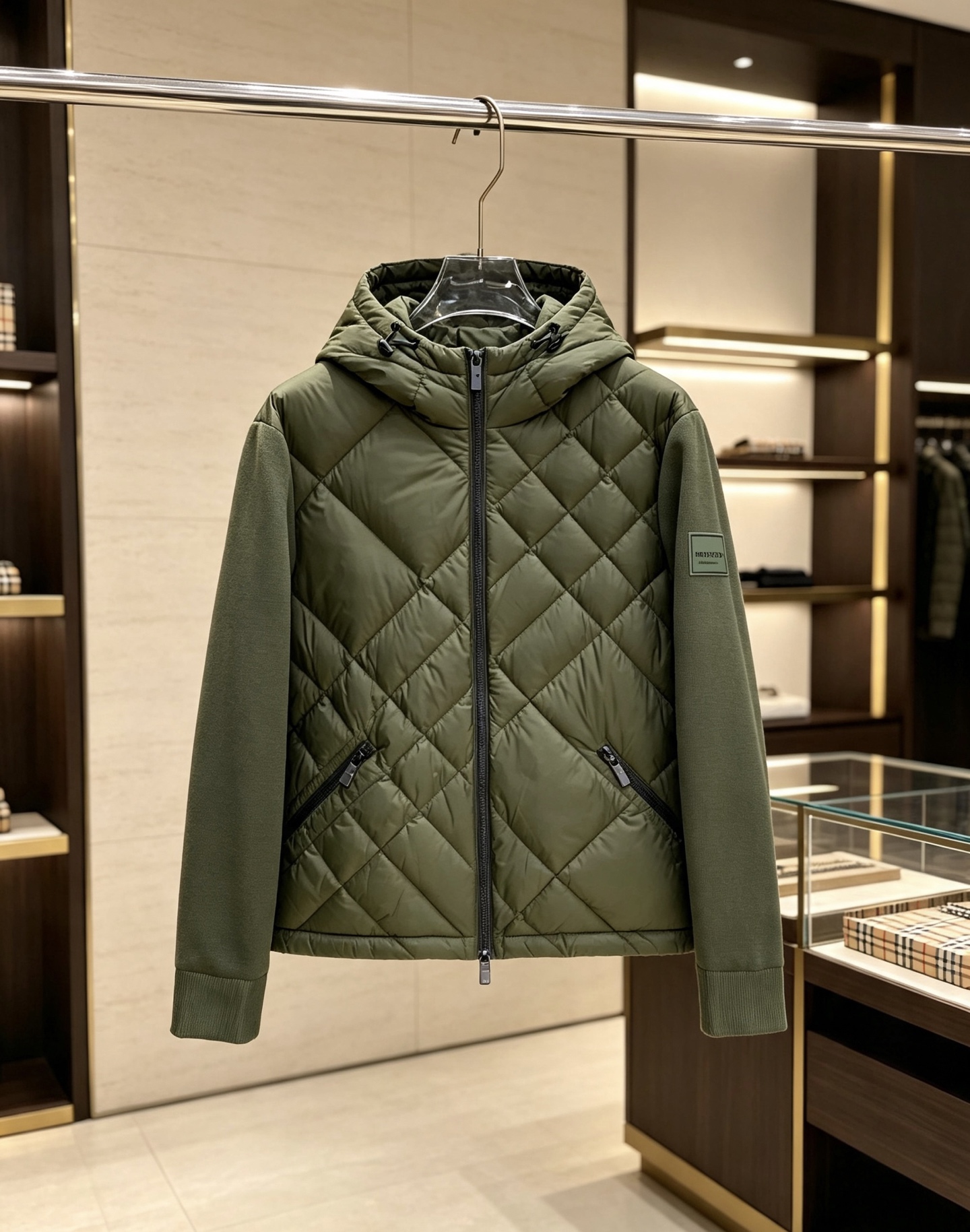 Burberry Olive Diamond Quilt Hooded Jacket