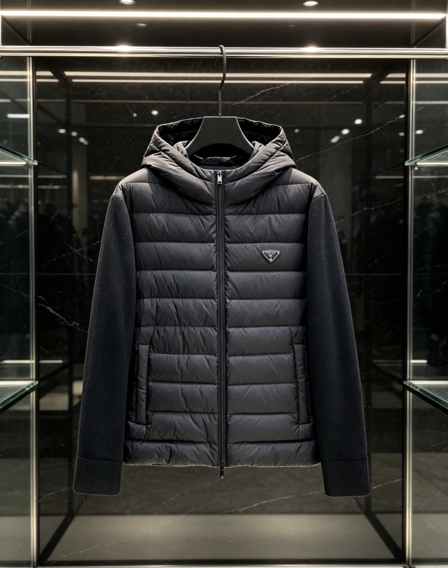Prada Charcoal Quilted Hooded Jacket