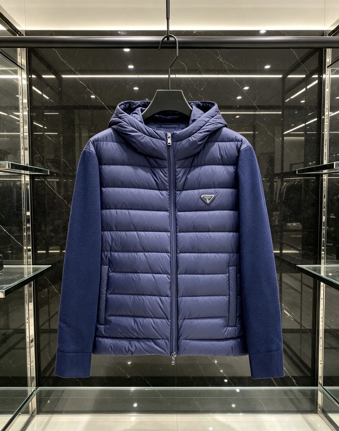 Prada Navy Quilted Hooded Jacket