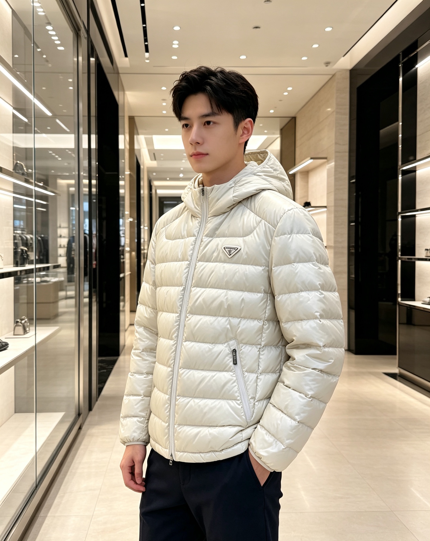 Prada 普拉达 2026秋冬新款三角标连帽轻薄羽绒,米白/酒红/藏蓝/黑四色男女同款。 横条分仓充绒,不跑绒不臃肿; Prada 普拉达 2026秋冬新款三角标连帽轻薄羽绒,米白/酒红/藏蓝/黑四色男女同款。 横条分仓充绒,不跑绒不臃肿;