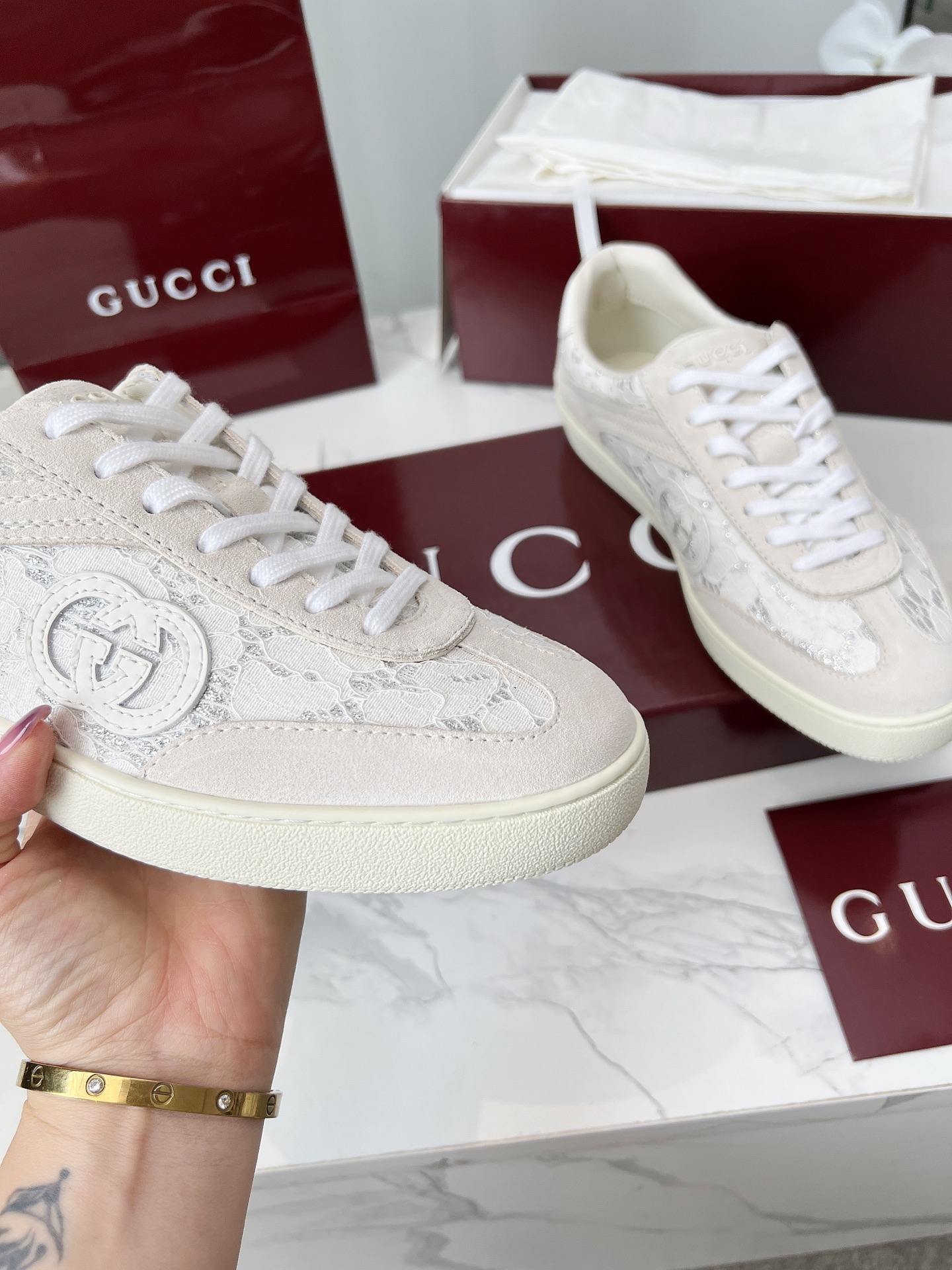 versión alta de los últimos zapatos de entrenamiento alemán de GUCCI doble G de cuero con letras Guc