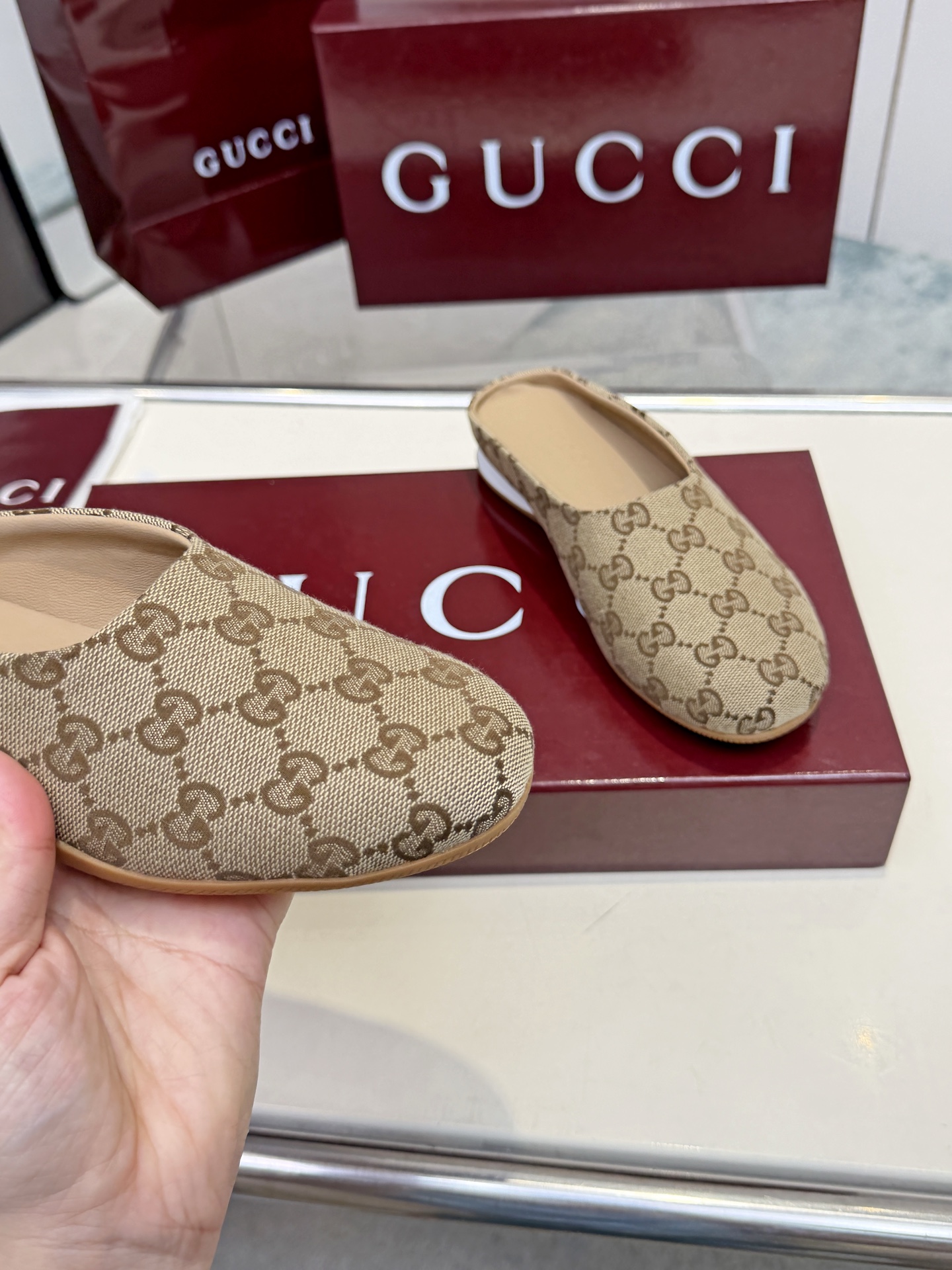 Gucci Beige GG Slip-On Mules