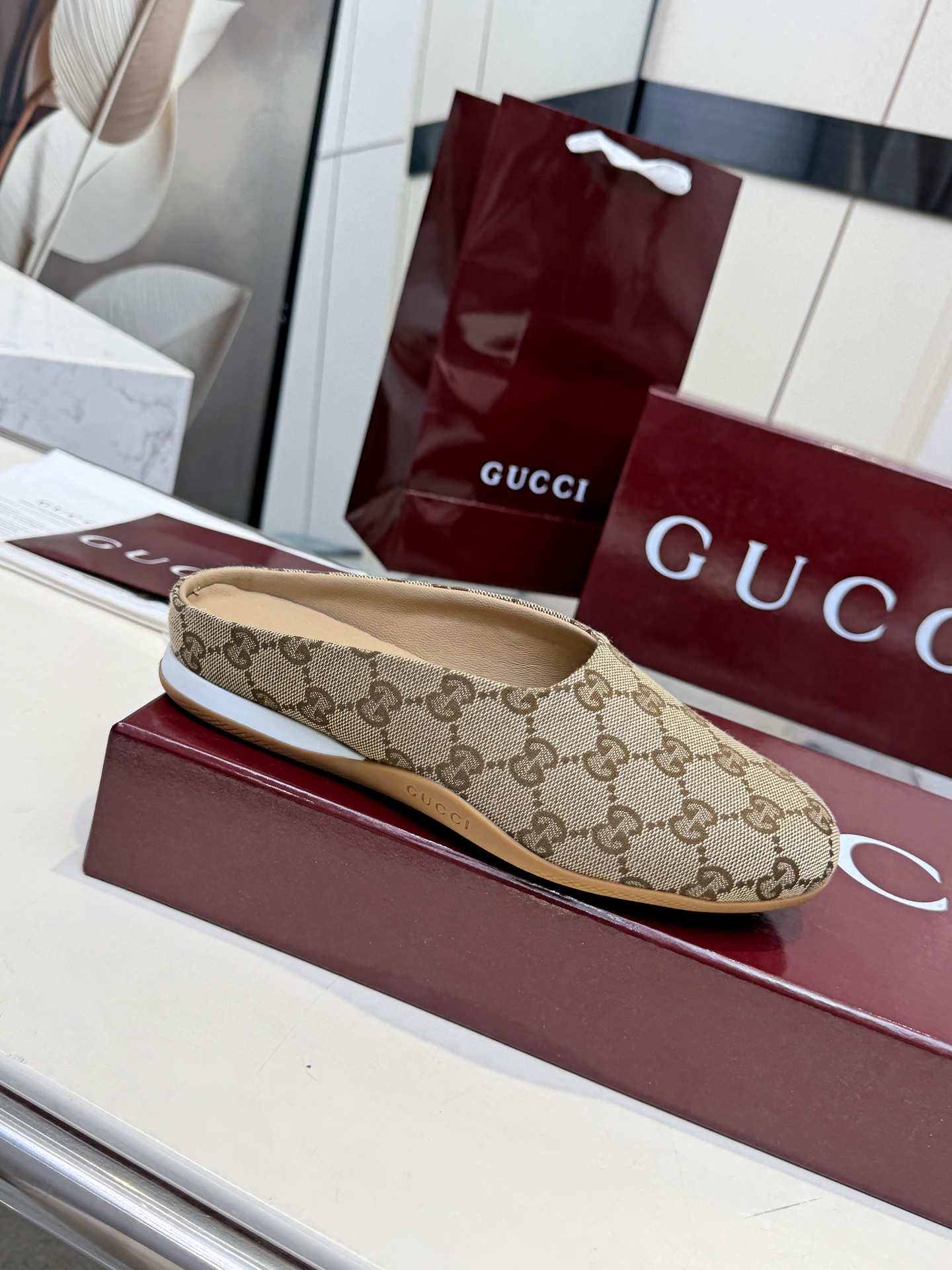 Gucci Beige GG Slip-On Mules