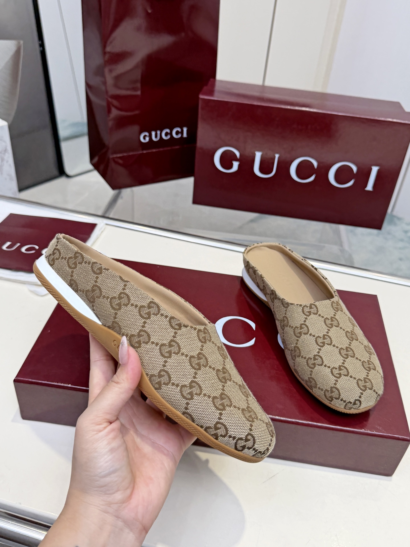 Gucci Beige GG Slip-On Mules