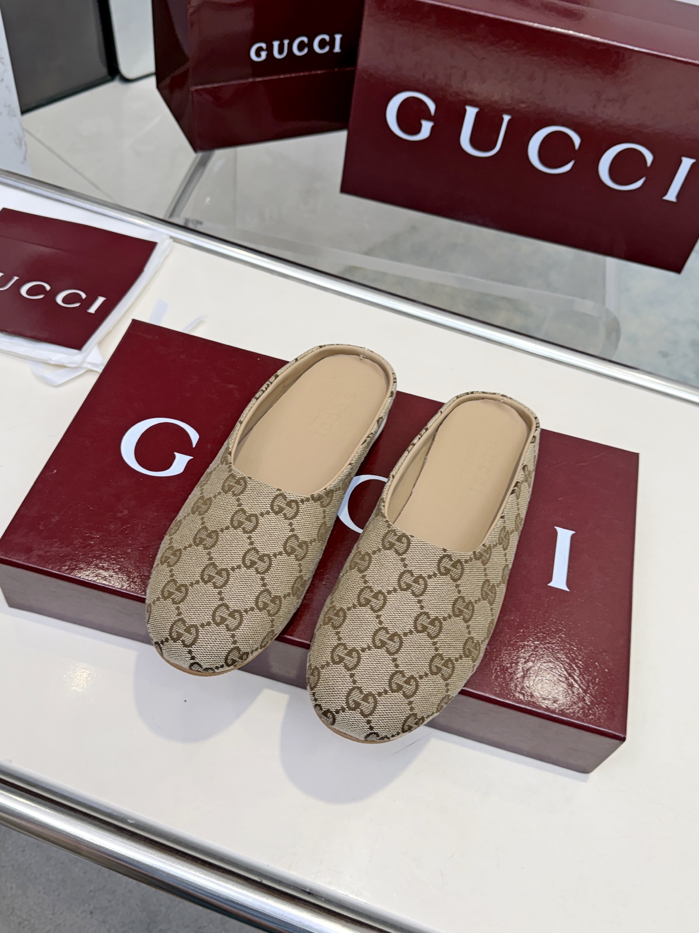 Gucci Beige GG Slip-On Mules