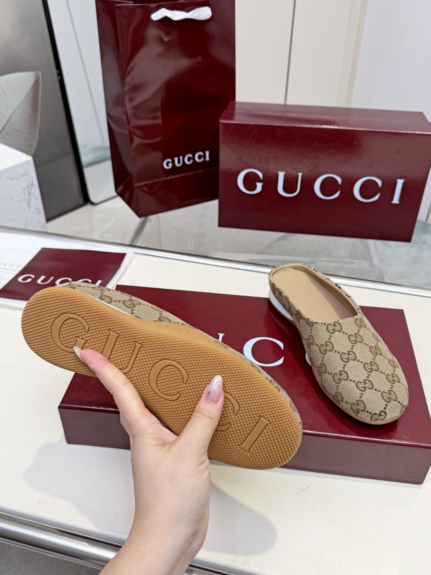 Gucci Beige GG Slip-On Mules