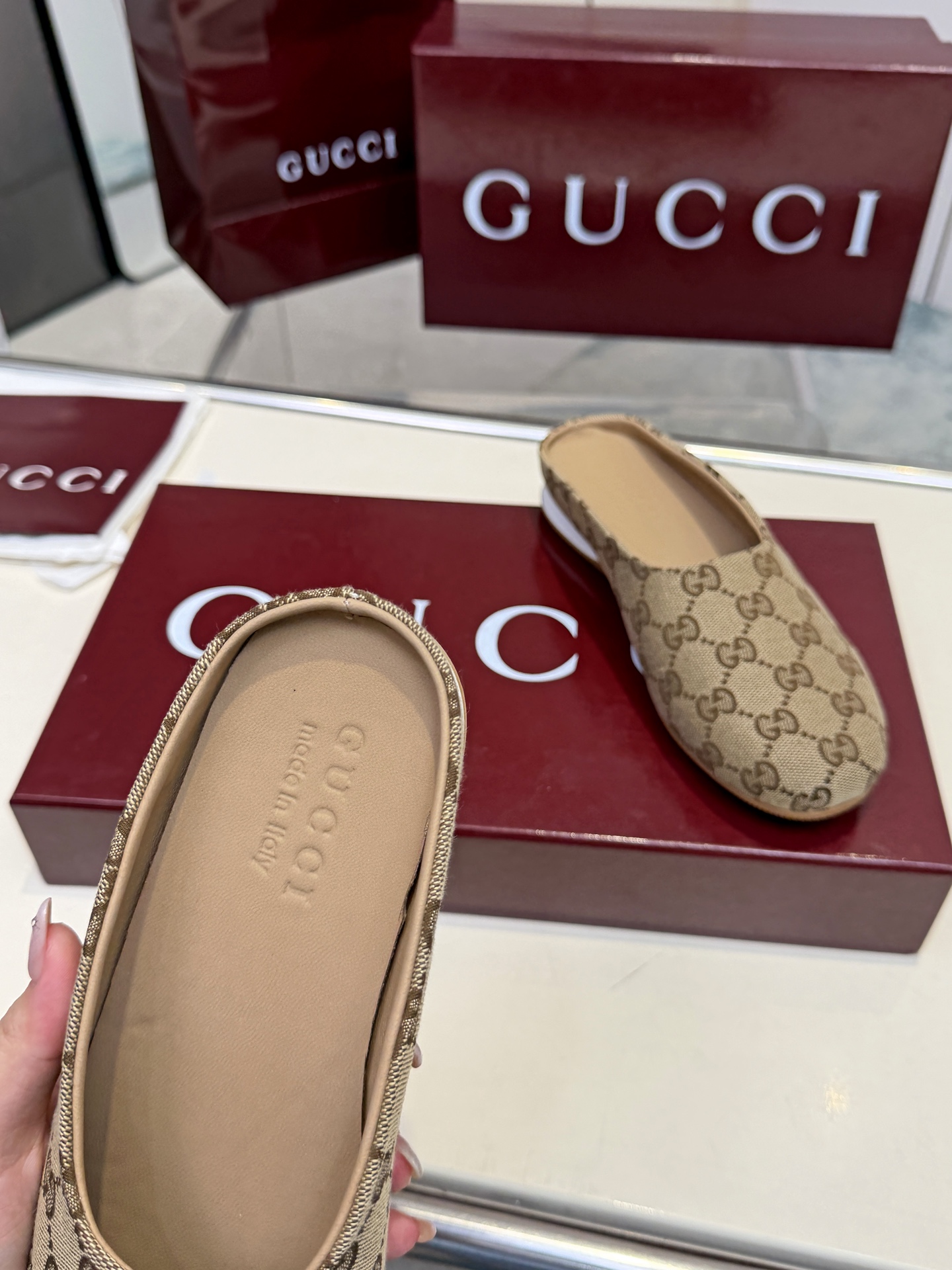 Gucci Beige GG Slip-On Mules