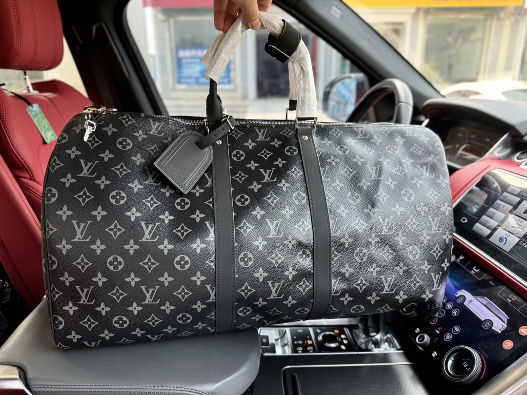 Louis Vuitton LV Keepall Taschen Reisetaschen Schwarz Männer Monogram Eclipse Leinwand Rindsleder M40605