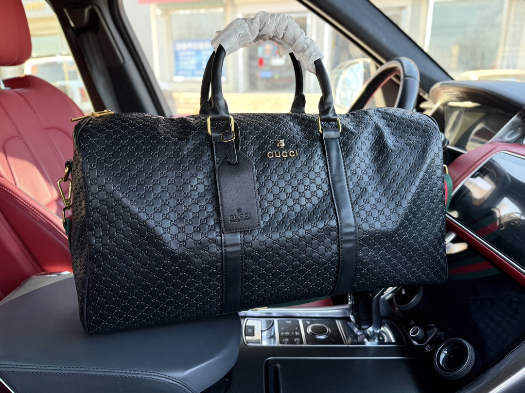 Gucci Duffle Bag, Travel Ready, Black Leather, 50cm, Shoulder Strap