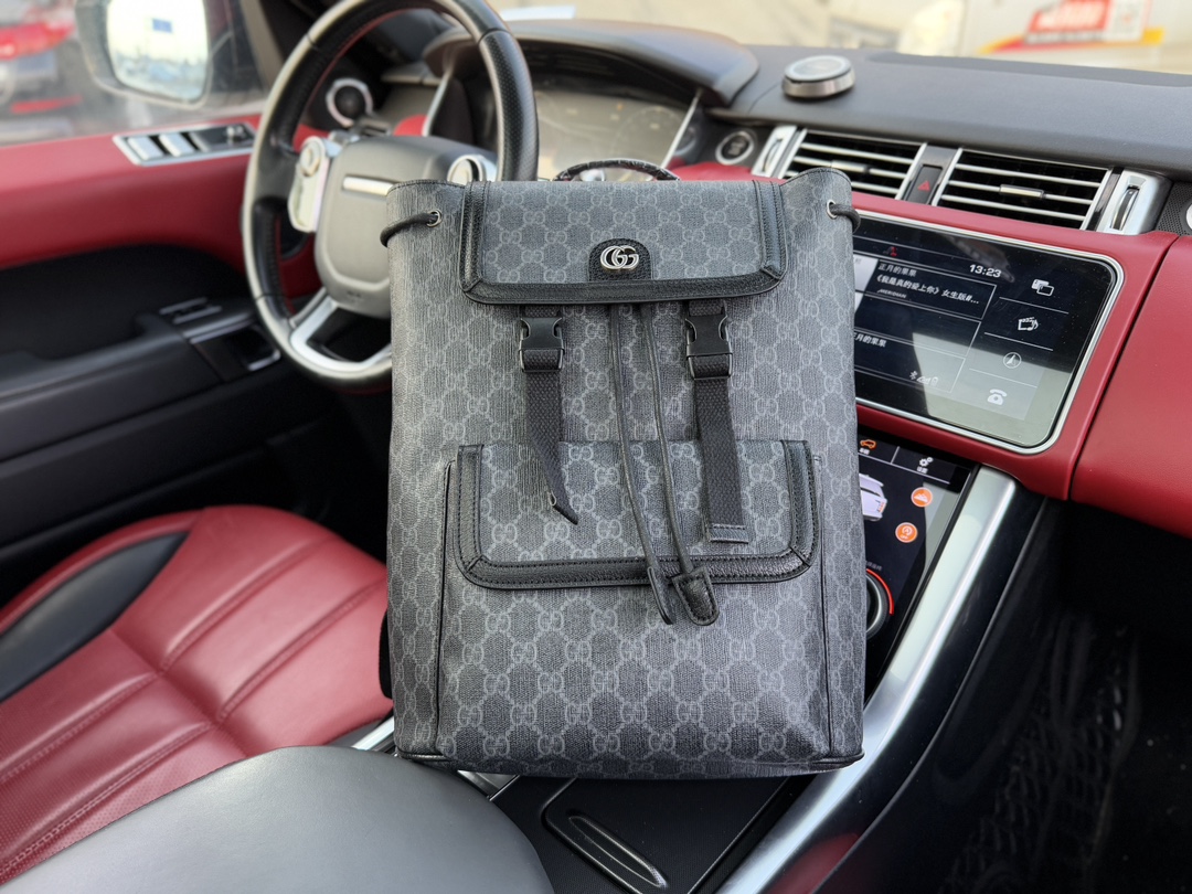 Gucci Ophidia GG Supreme Canvas Backpack, Black Leather Trim, Medium Size