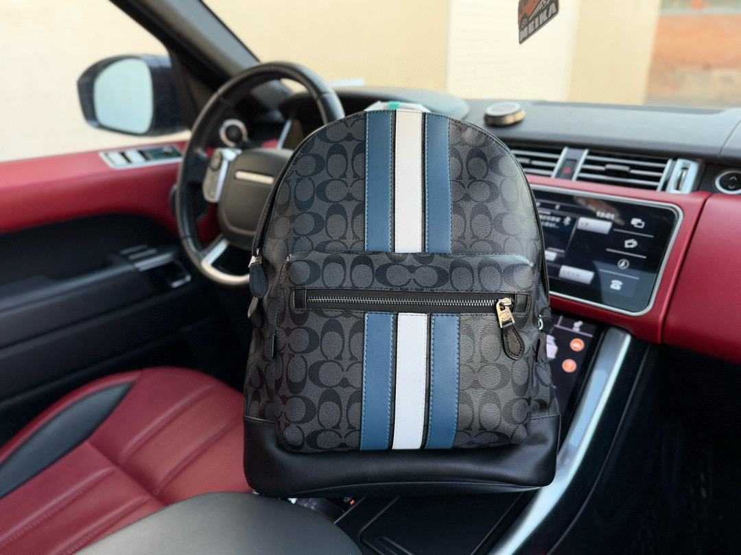 p245 📷高端货‼️ 新款 “ COACH ”蔻驰双肩包 💼 coach蔻驰升级版双肩包 COACH蔻驰 West系列 35 经典老花蓝白条纹大容量书包背包双肩包 大号 男款 黑灰色  内设电脑隔层 拉链暗袋 高清五金logo标志、专用里内里。顺滑拉链、油边平滑、做工精致每个细节到位！潮男必备款 尺寸：35x44x15cm