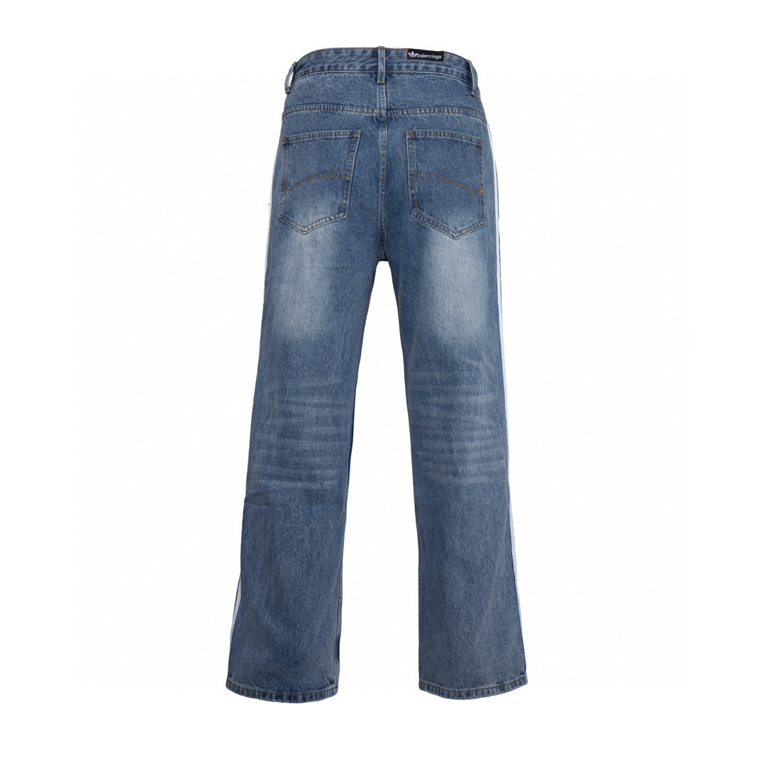 Balenciaga X Adidas Broad-Legged Jeans: Paris Fashion Family Collaboration, Water Wash Blue, Sizes 28-34 - 图片 2