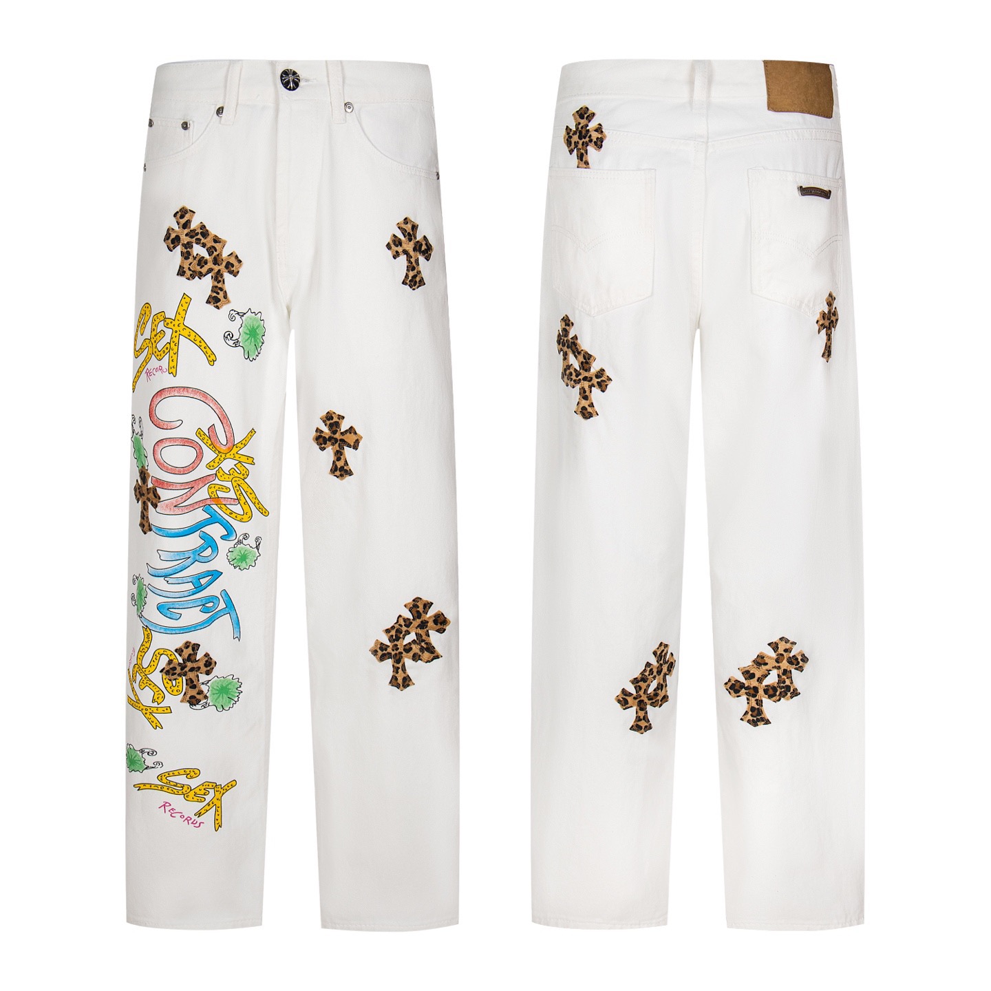 Chrome Hearts Chrome Hearts & 克罗心 白底拼豹纹中古涂鸦绘画高街牛仔裤