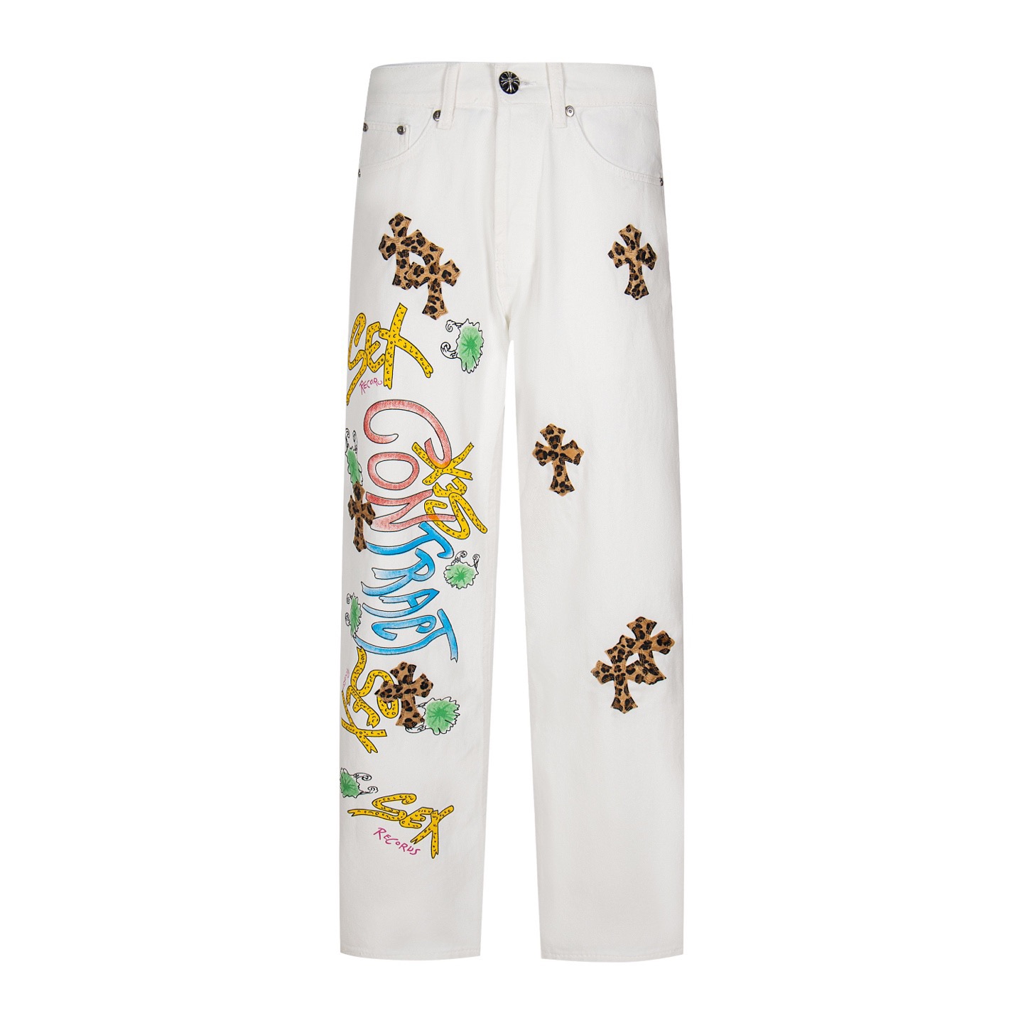 Chrome Hearts Chrome Hearts & 克罗心 白底拼豹纹中古涂鸦绘画高街牛仔裤