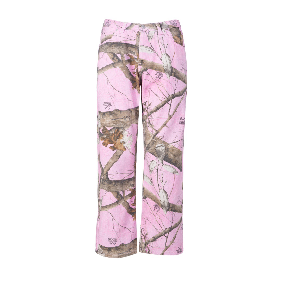 P120 Stussy FW22 pantalones vaqueros de cintura alta y pierna recta con estampado completo de hojas de arce y ramas en …