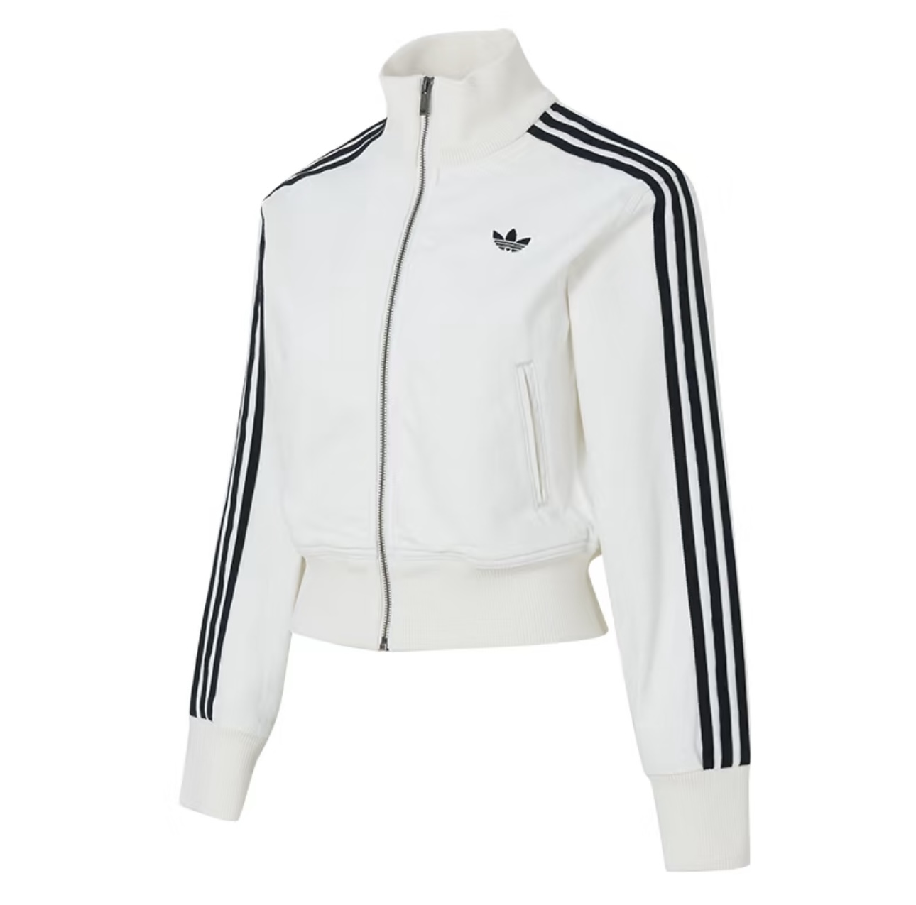 P130 Chaqueta vaquera corta blanca de la serie trébol de tres hojas de Adidas, con las clásicas tres rayas y pequeño lo…