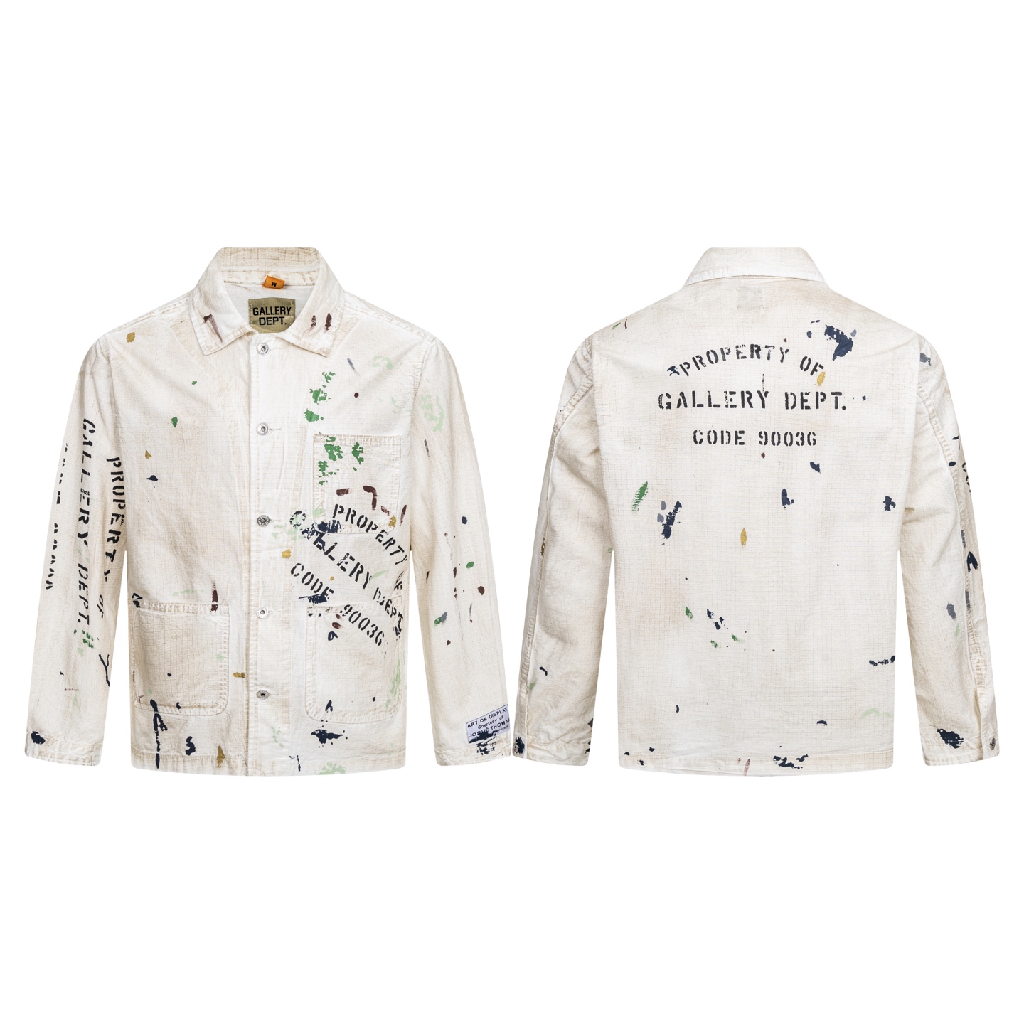 P150 Esta chaqueta de trabajo con graffiti de GALLERY DEPT. utiliza tejido de algodón blanco, con diseño de d…