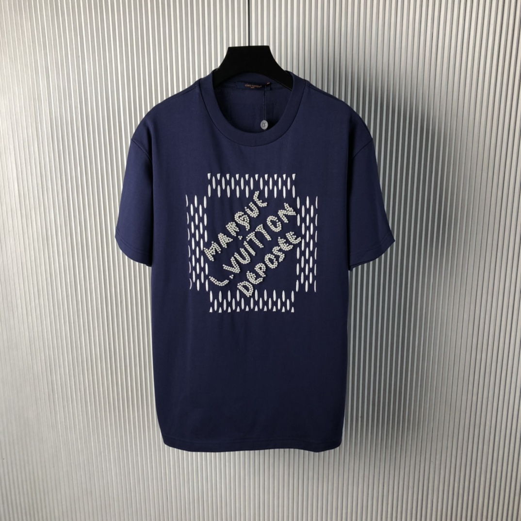 Louis Vuitton Kleding T-Shirt Blauw Wit Borduurwerk Unisex Katoen Lente/Zomercollectie Fashion Korte mouw