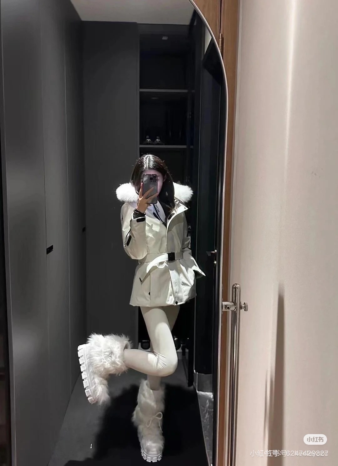 MONCLER Women's White Down Padded Belted Ski Jacket with Fur Hood 4 i1757778044449 2231 0 3