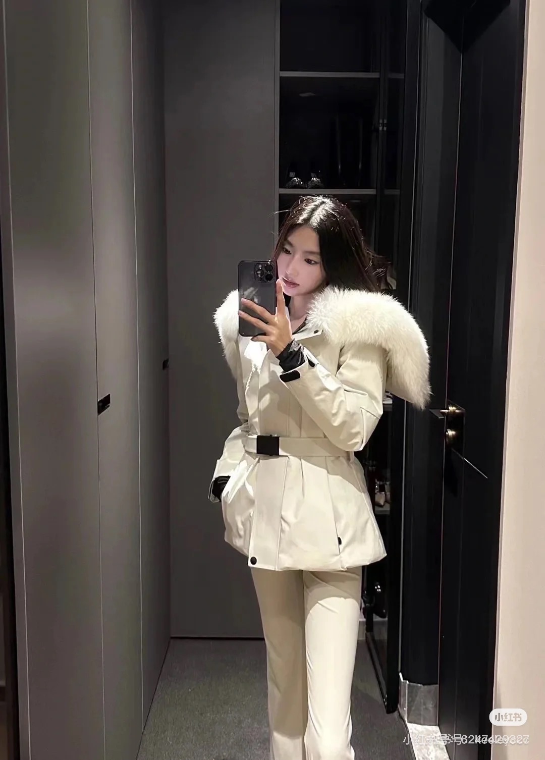 MONCLER Women's White Down Padded Belted Ski Jacket with Fur Hood 7 i1757778044449 5433 0 6