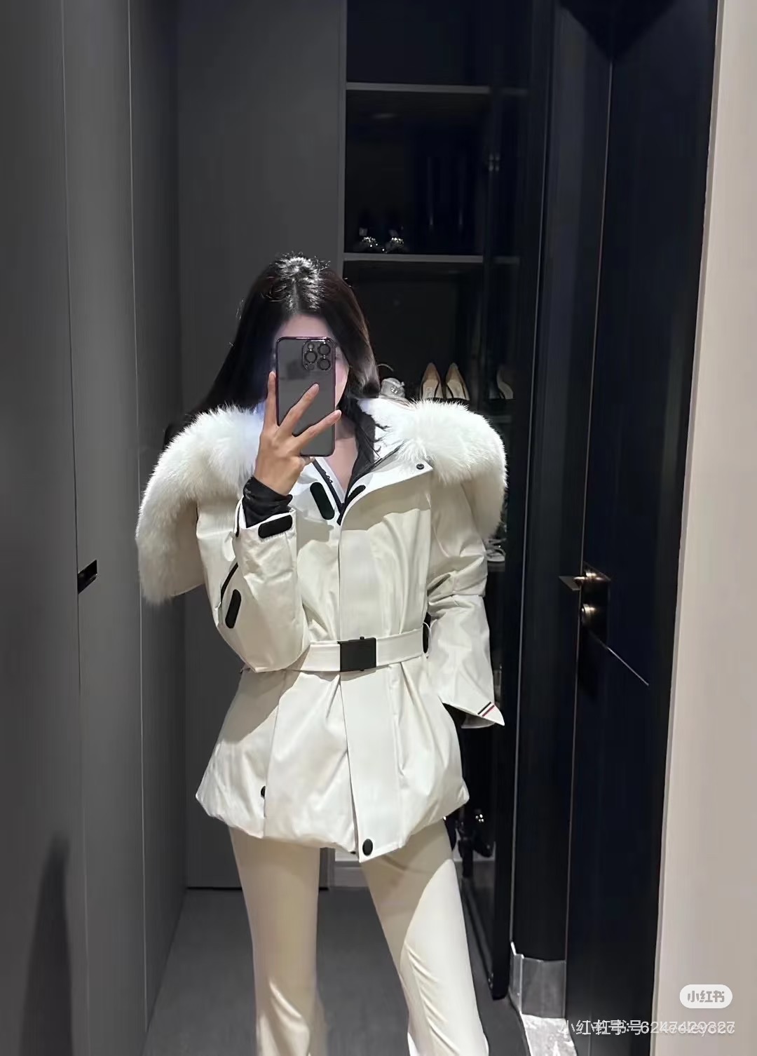 MONCLER Women's White Down Padded Belted Ski Jacket with Fur Hood 1 i1757778044822 6012 0 0