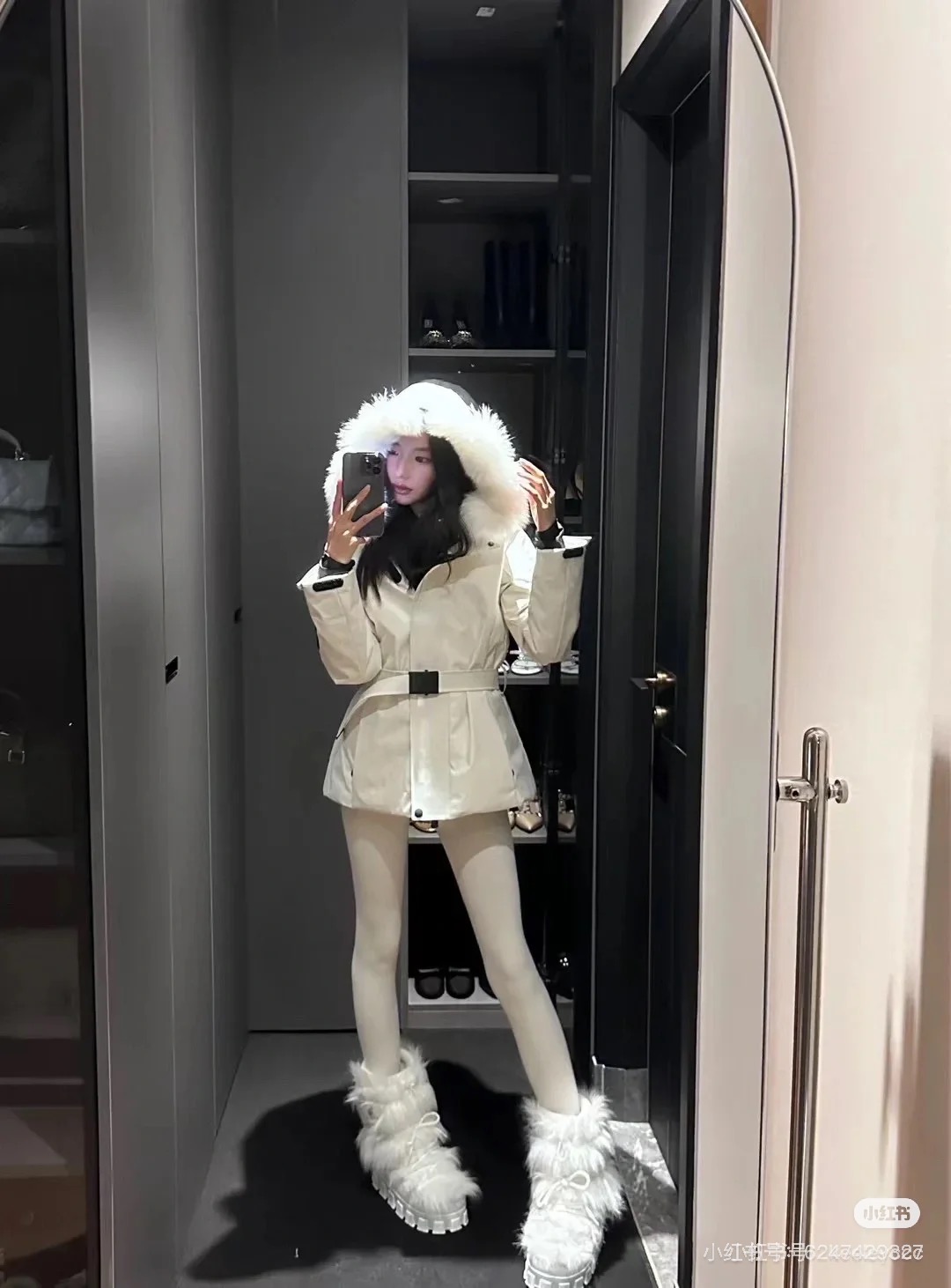 MONCLER Women's White Down Padded Belted Ski Jacket with Fur Hood 2 i1757778044825 209 0 1