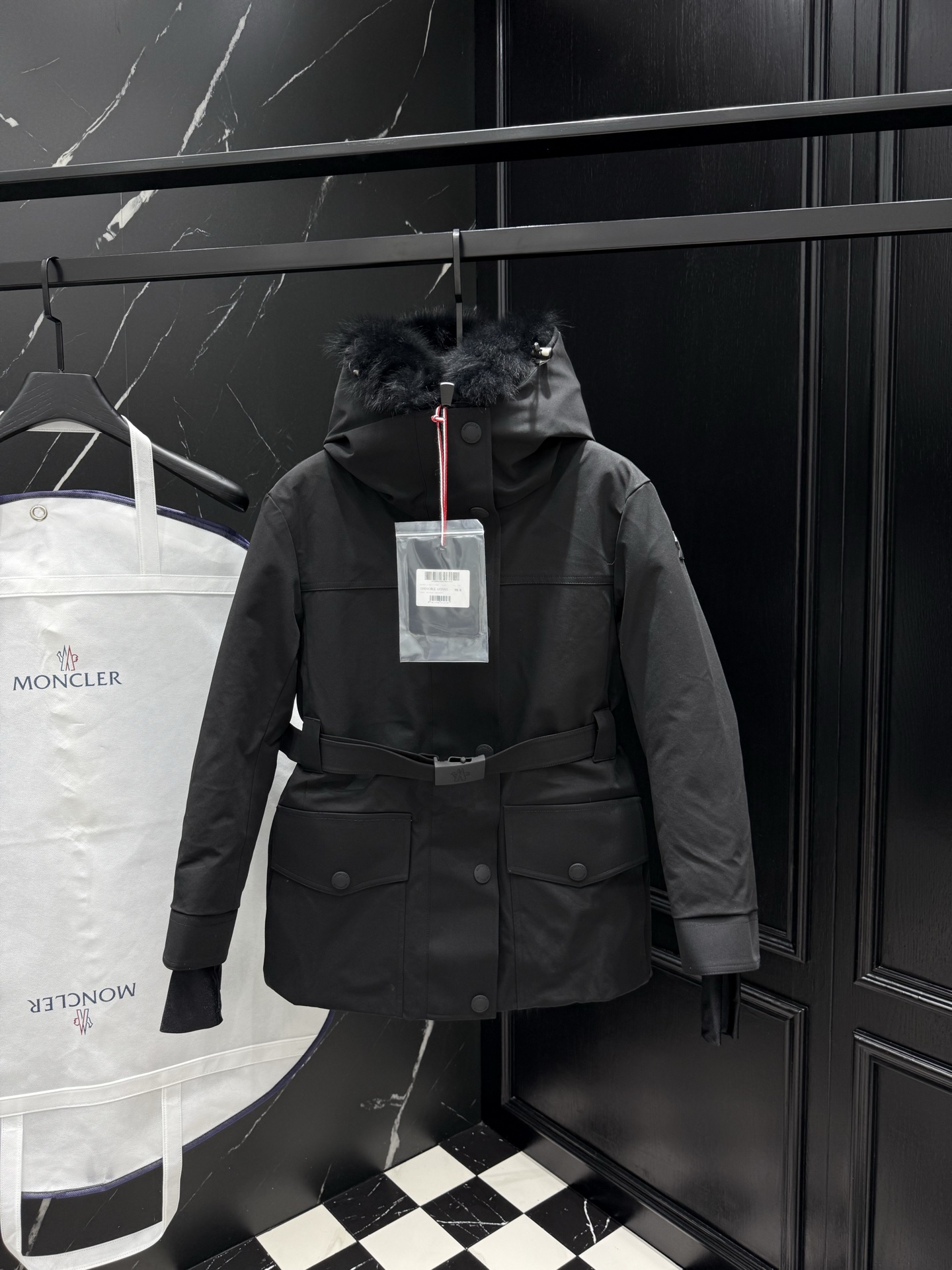MONCLER Women's Black Down-Filled Belted Padded Jacket with Fur Hood