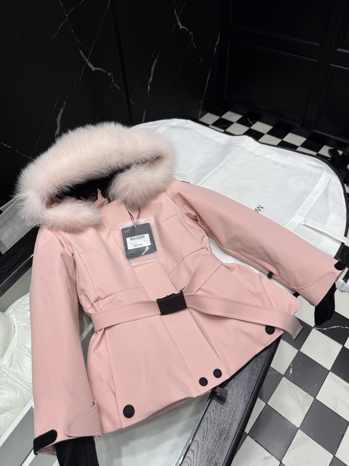 MONCLER Pink Down Jacket with Fur Hood Belted Waist Winter Coat 2 i1758036824718 4876 0 0