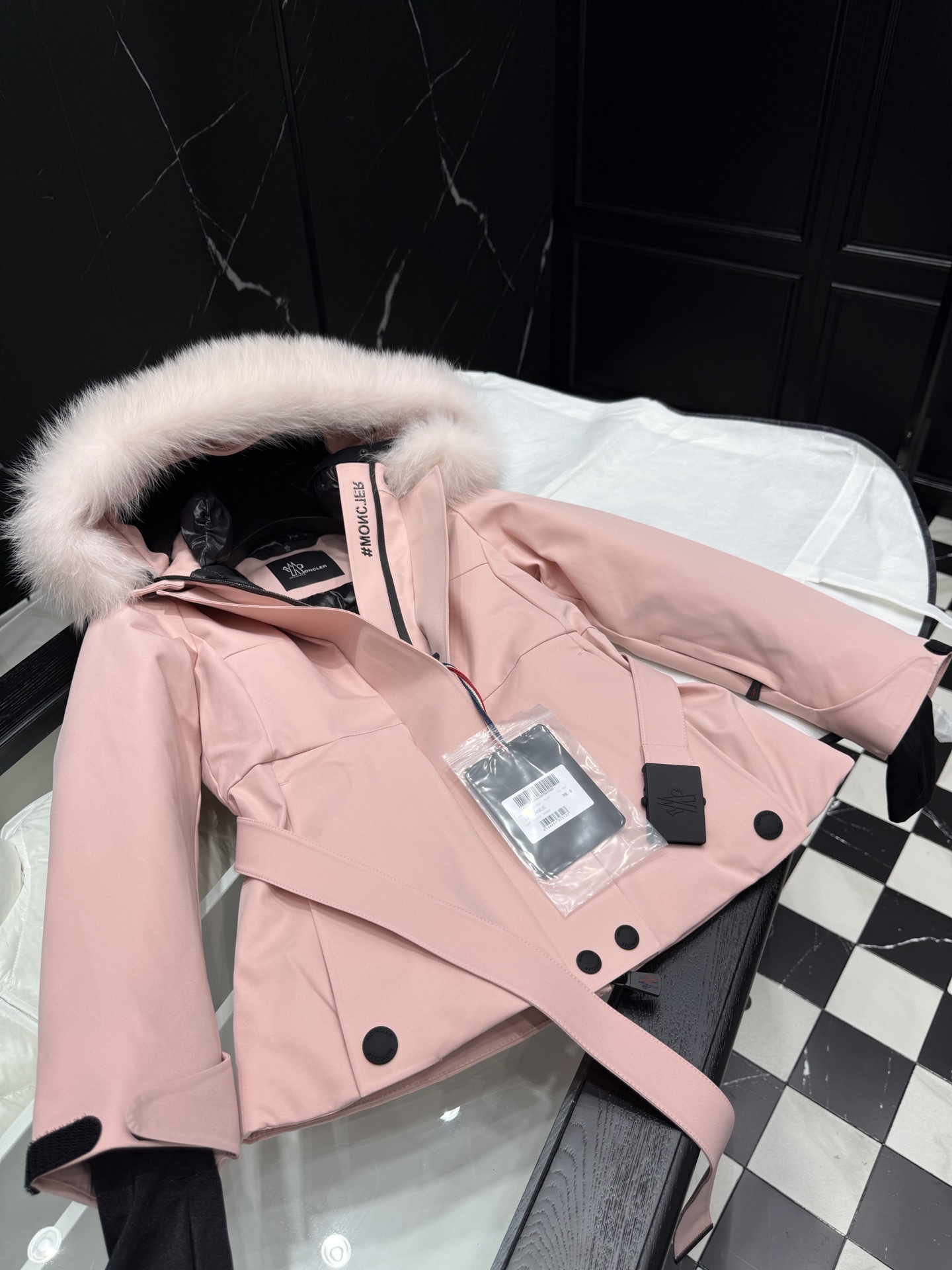 MONCLER Pink Down Jacket with Fur Hood Belted Waist Winter Coat 5 i1758036826048 2678 0 3