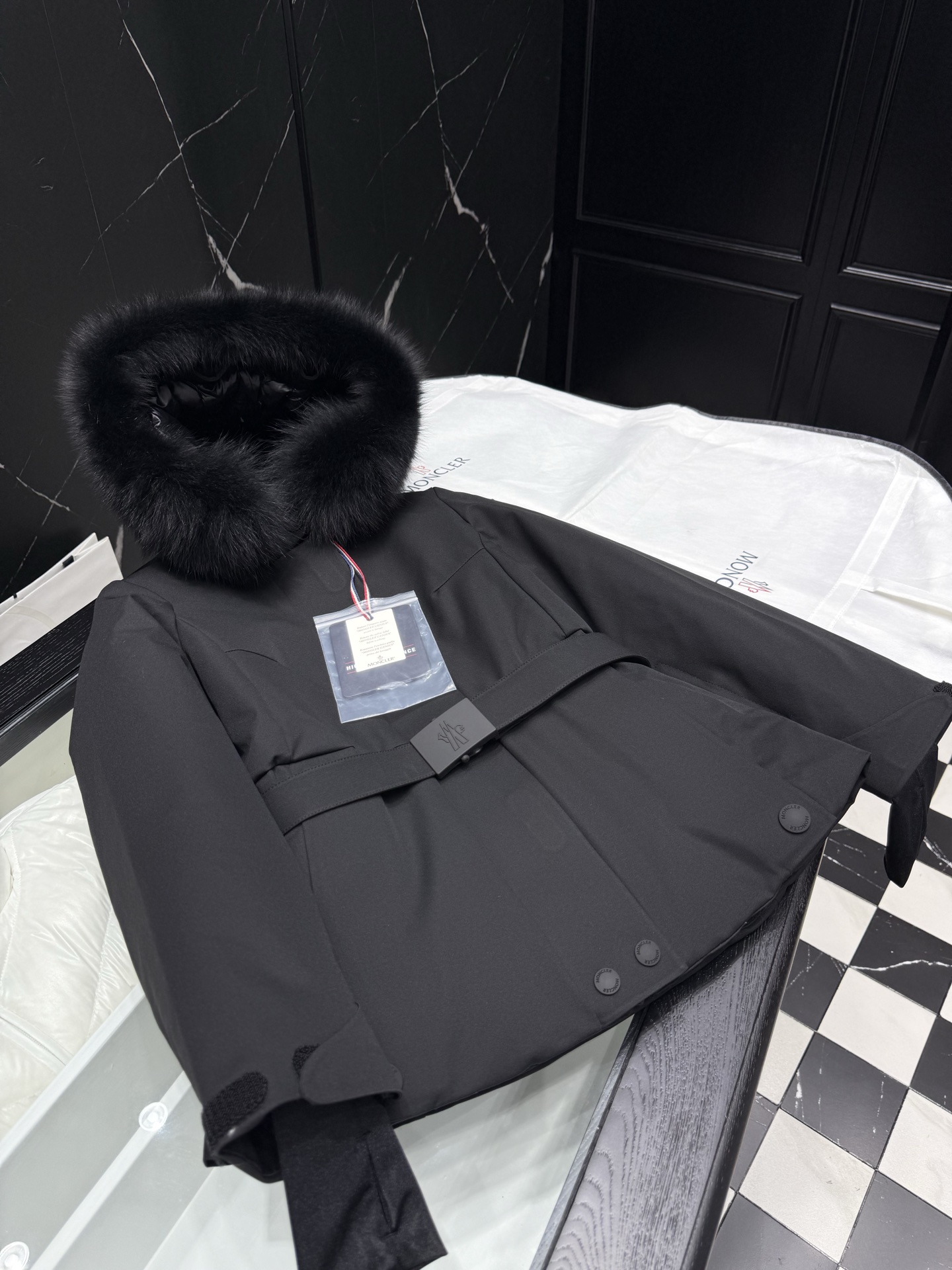 MONCLER Black Down Jacket with Fur Hood Belted Padded Ski Coat Outfit