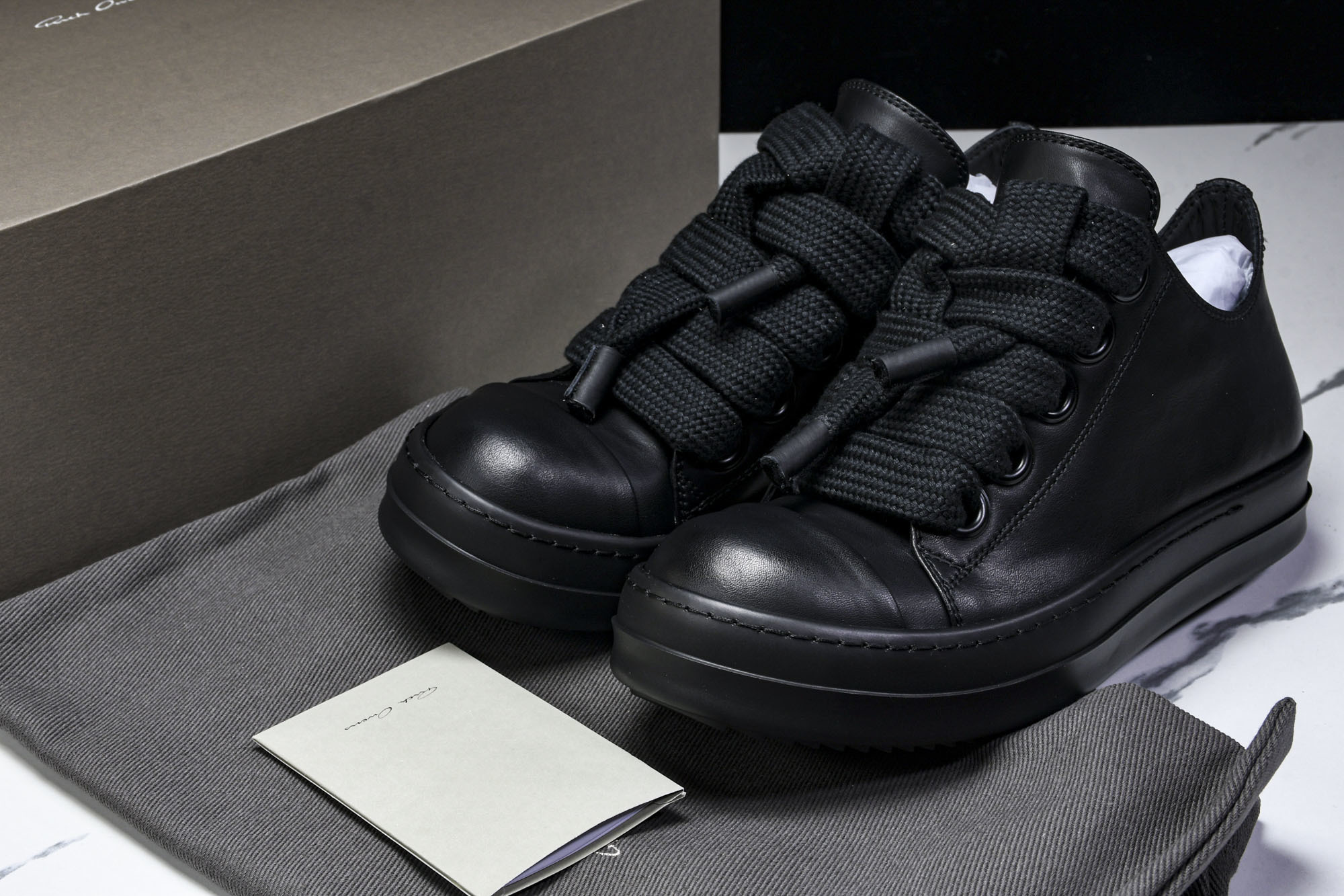 纯原莞产 RICK OWENS RO 黑皮 宽鞋带#YZ021-136 37 38 39 40 41 4