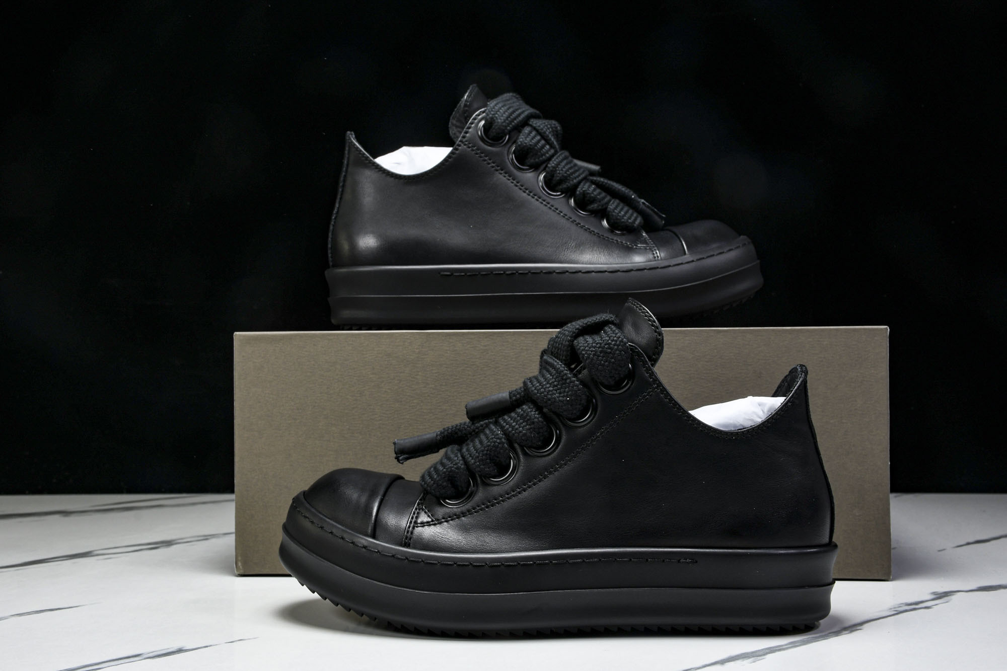 纯原莞产 RICK OWENS RO 黑皮 宽鞋带#YZ021-136 37 38 39 40 41 4