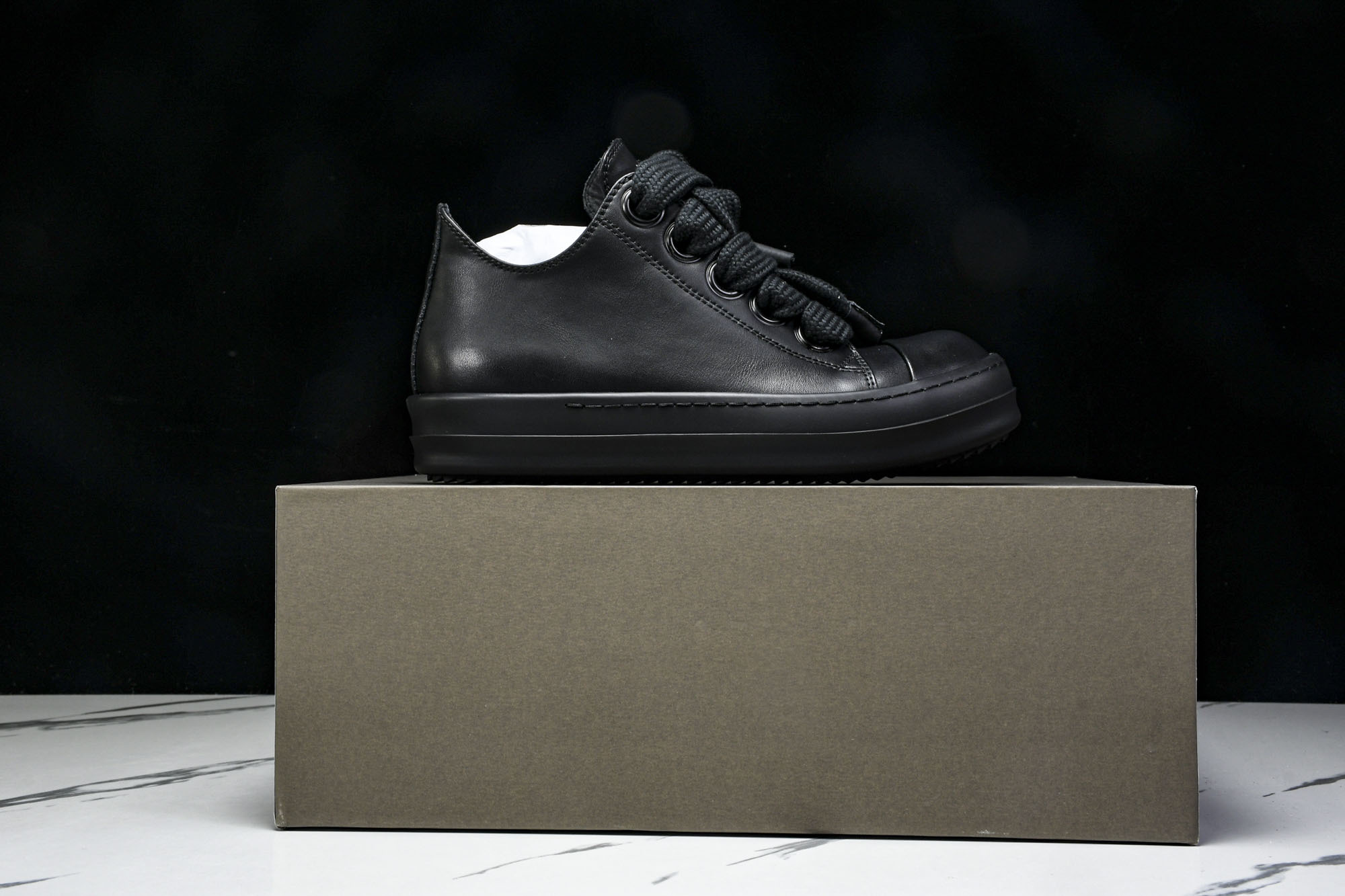 纯原莞产 RICK OWENS RO 黑皮 宽鞋带#YZ021-136 37 38 39 40 41 4