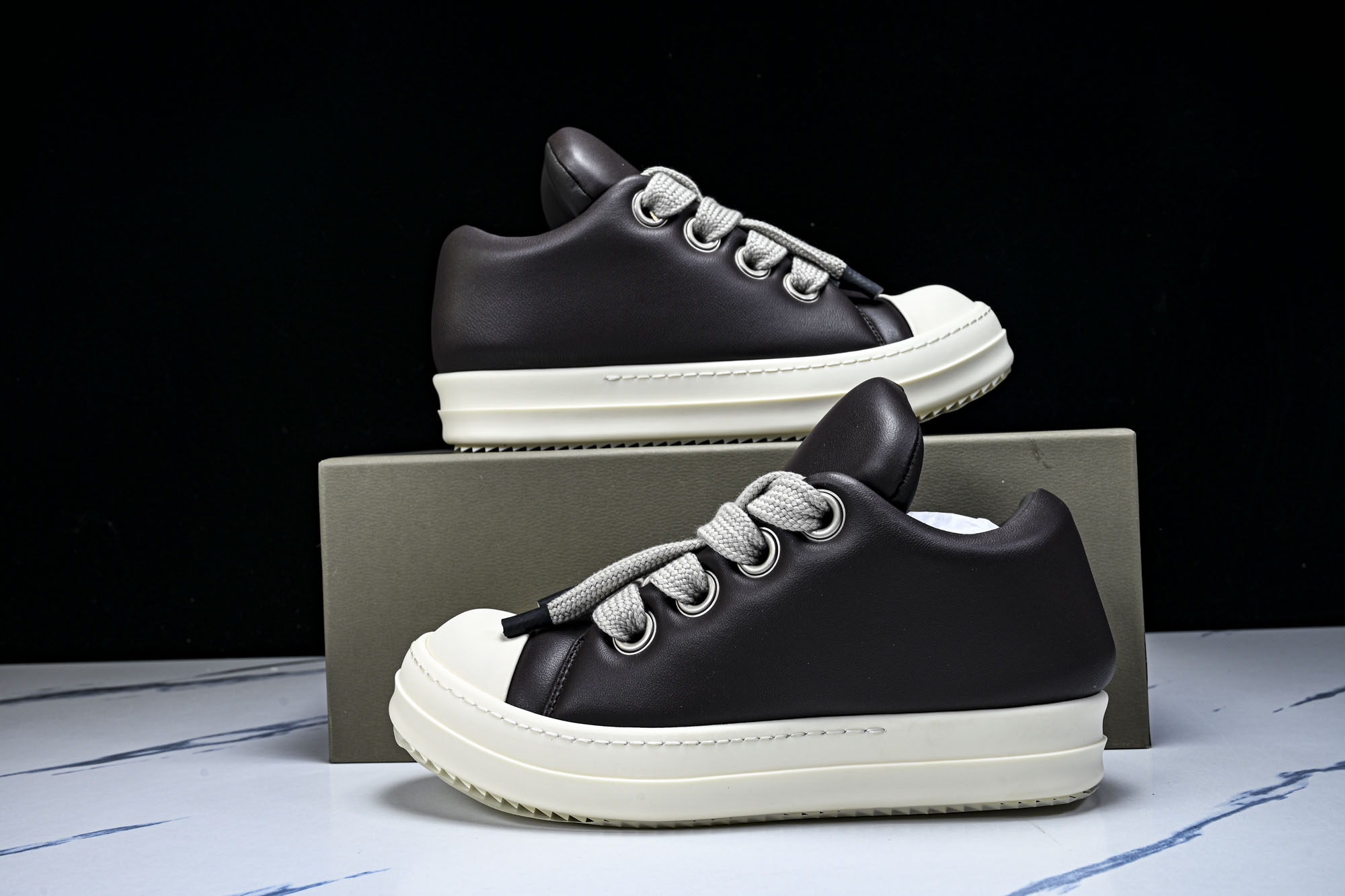 纯原莞产 RICK OWENS 男女士 羊皮棕色面包鞋奶白系带低帮运动鞋RU02C7893 LLPW2#