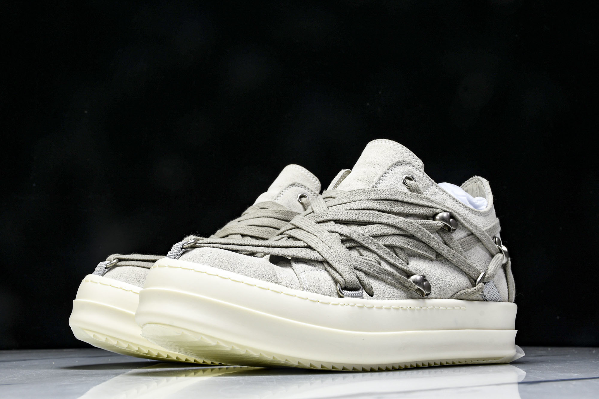 纯原莞产 RICK OWENS RO Megalace 小羊皮 圆头系带 低帮 板鞋  灰色#YZ021