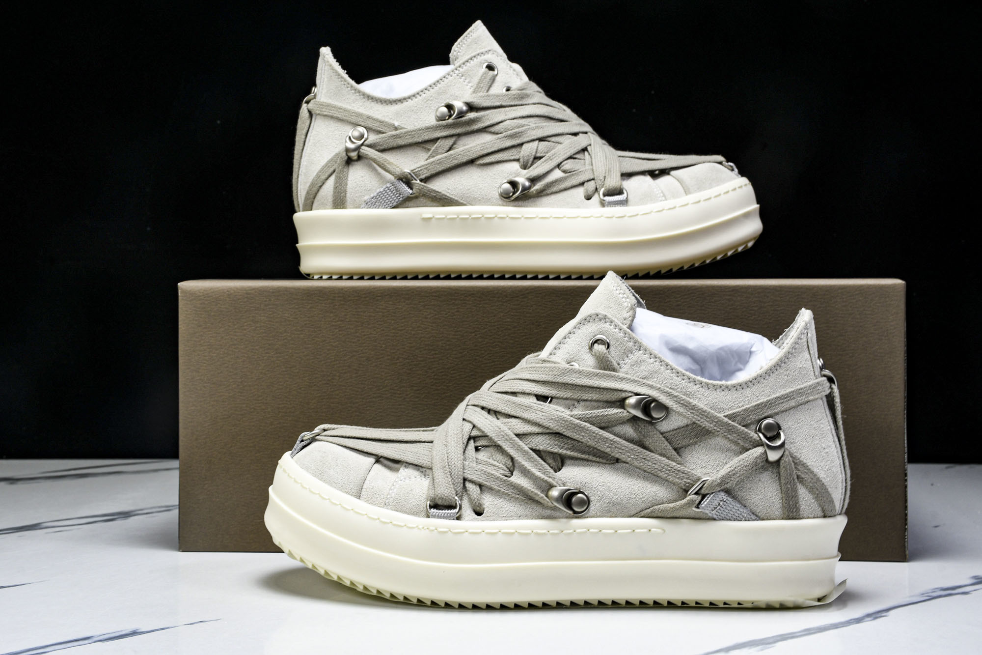 纯原莞产 RICK OWENS RO Megalace 小羊皮 圆头系带 低帮 板鞋  灰色#YZ021